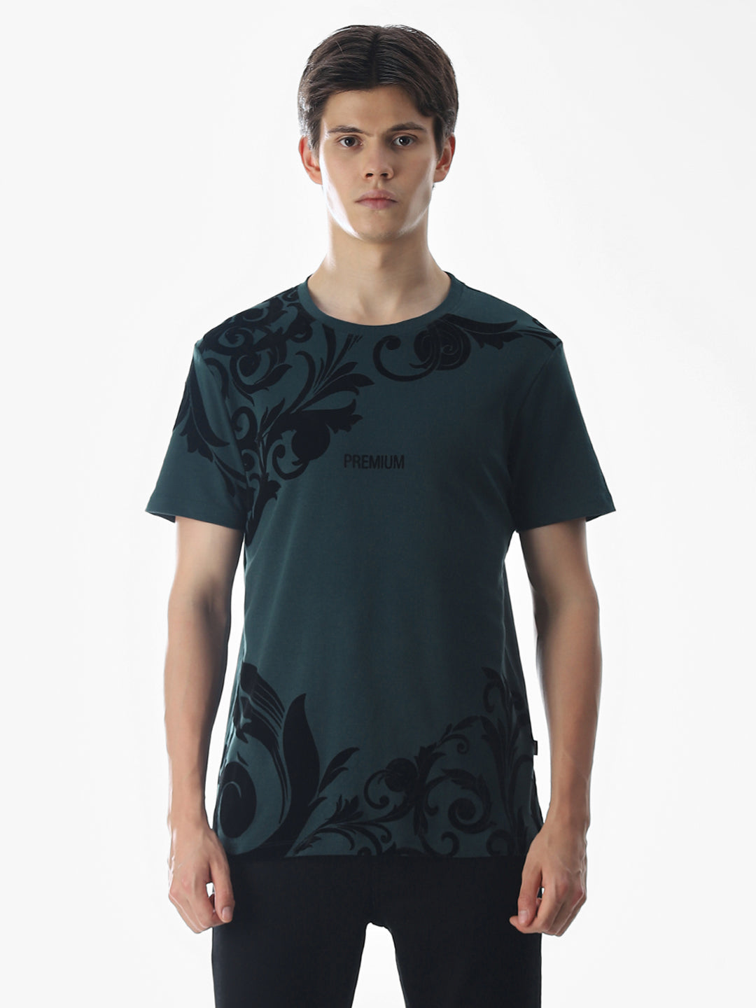 Dark Green Printed Cotton T-shirt