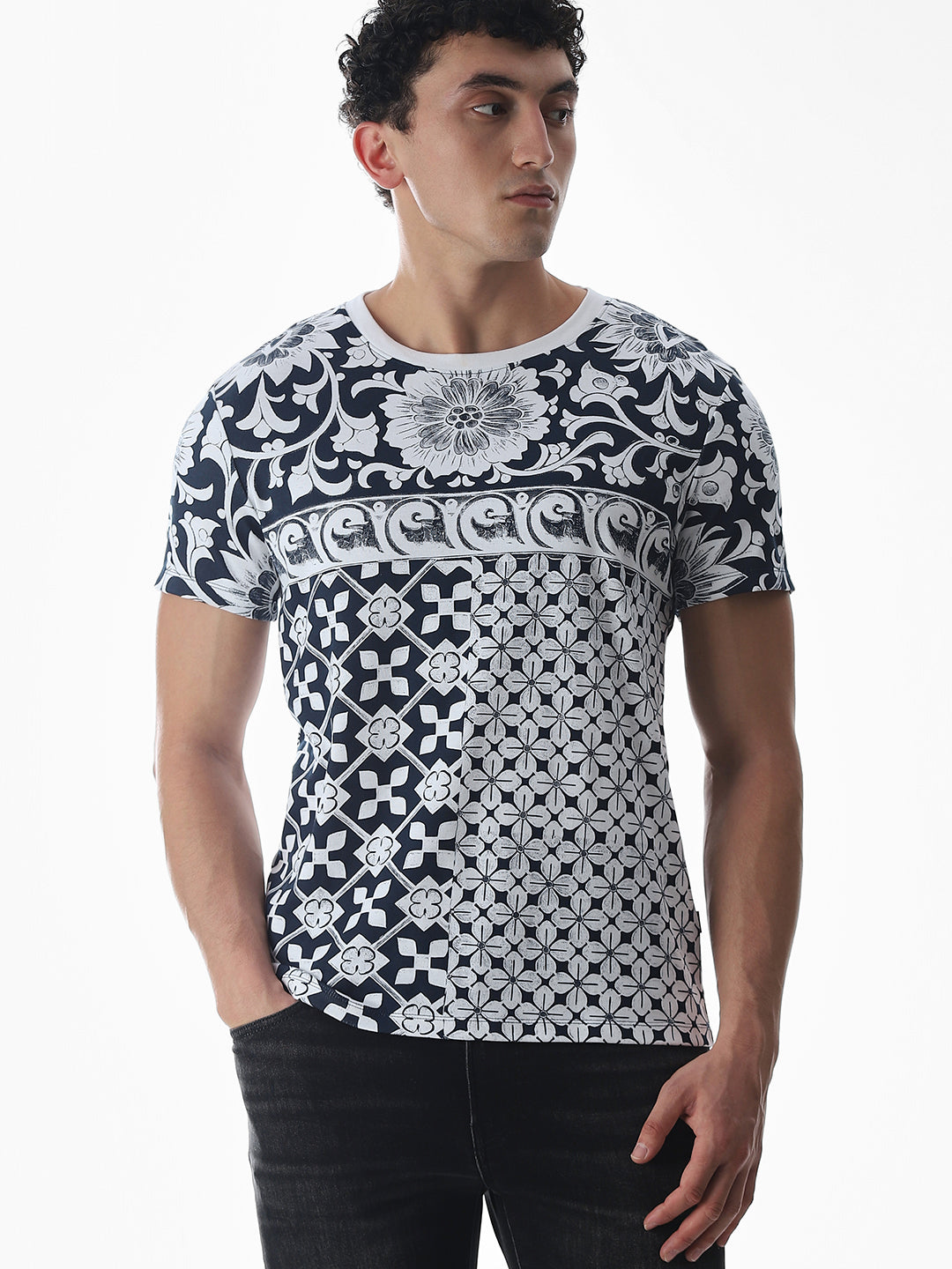 Navy Blue Printed Cotton T-shirt
