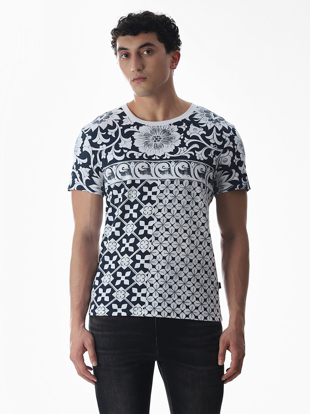 Navy Blue Printed Cotton T-shirt