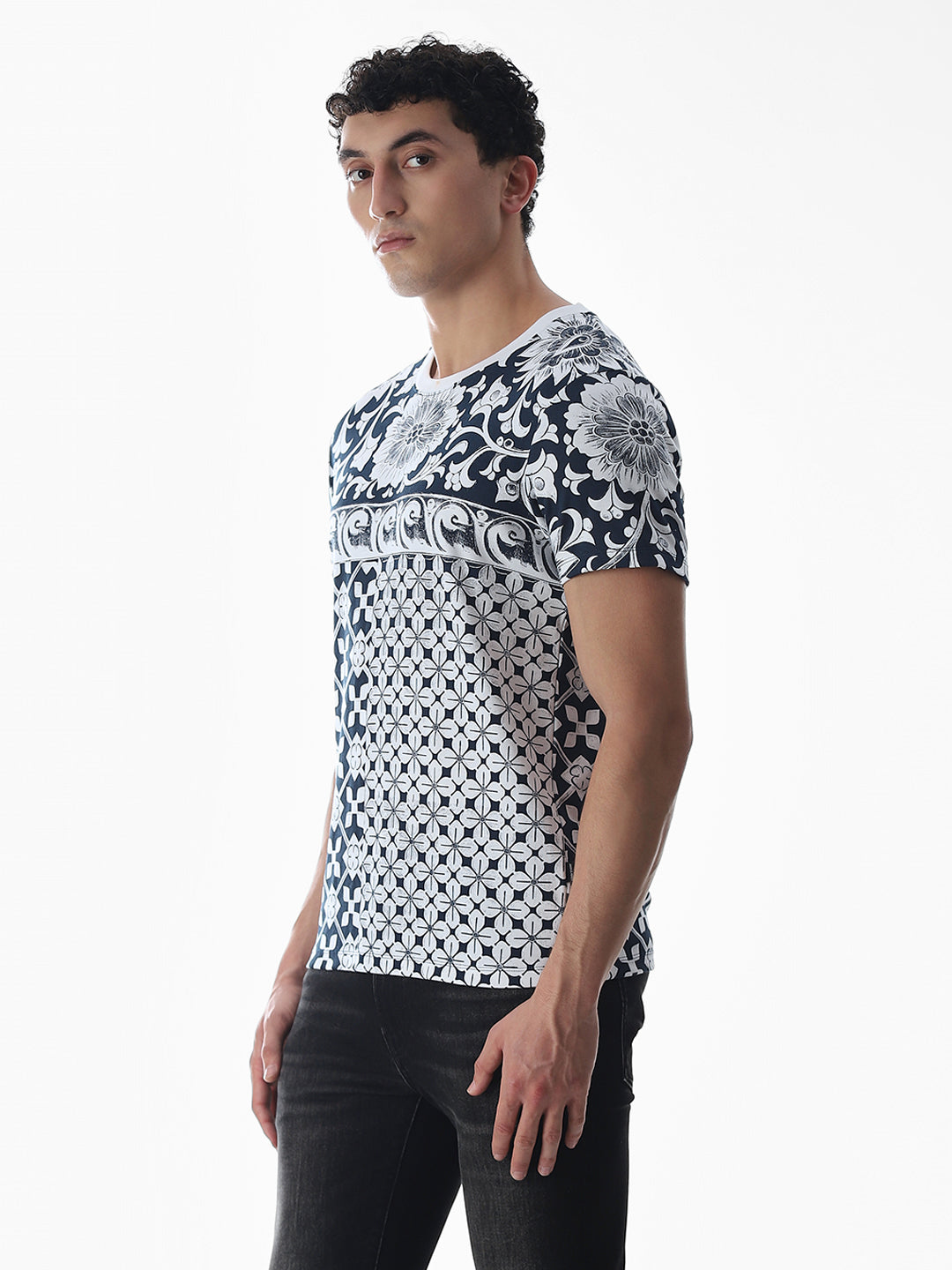 Navy Blue Printed Cotton T-shirt