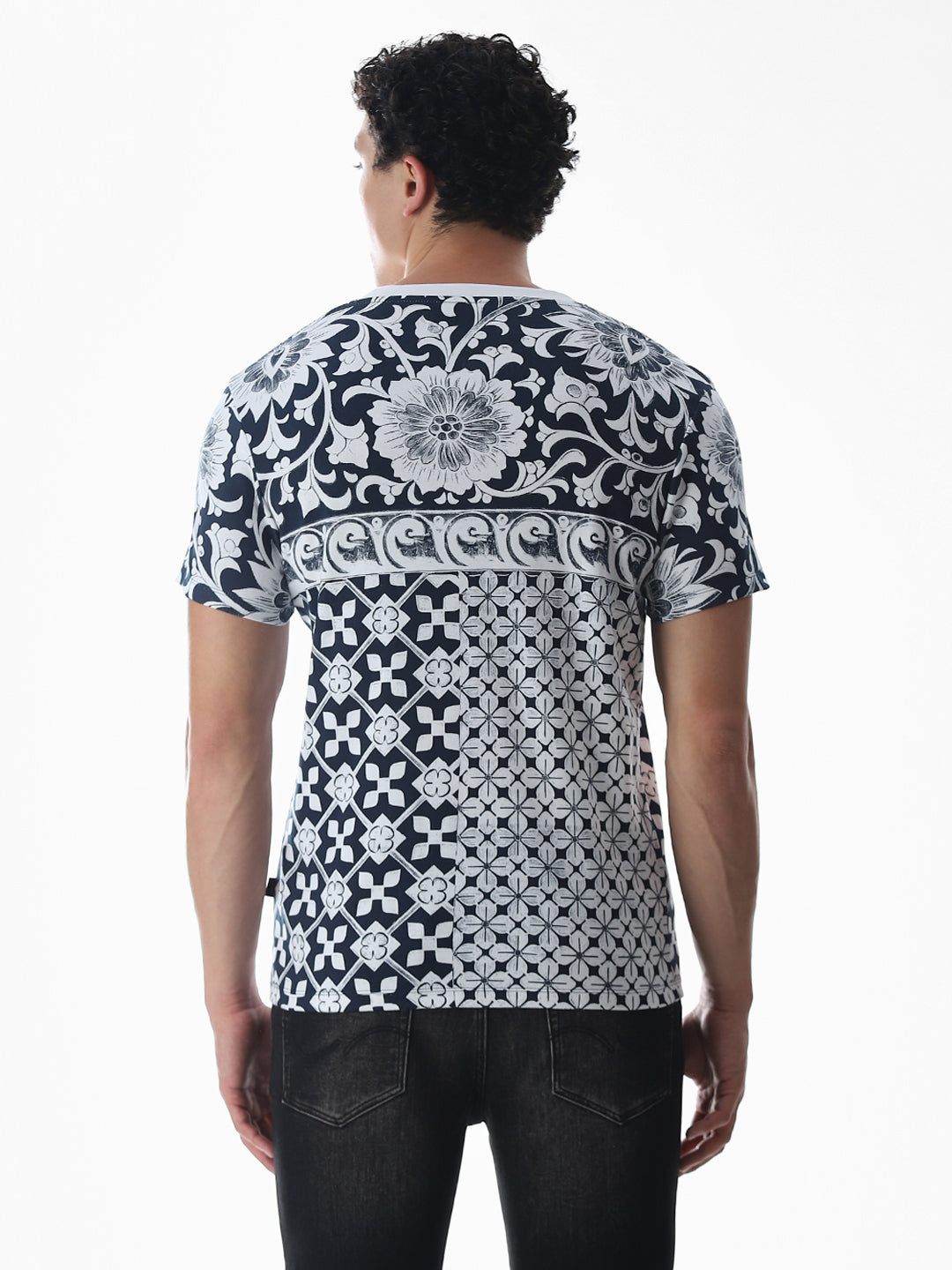 Navy Blue Printed Cotton T-shirt