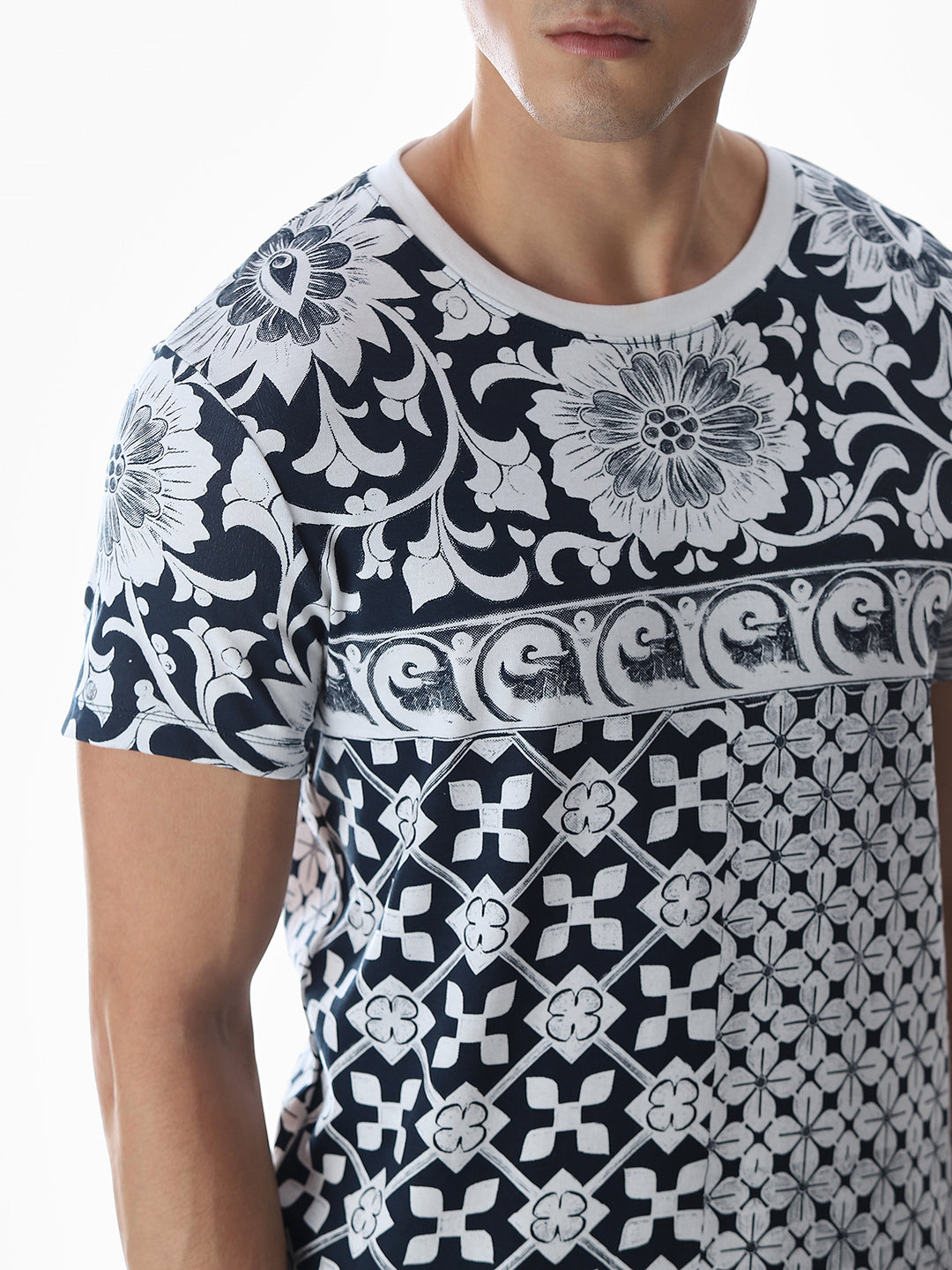 Navy Blue Printed Cotton T-shirt