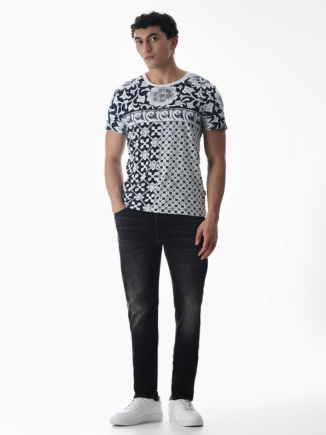 Navy Blue Printed Cotton T-shirt