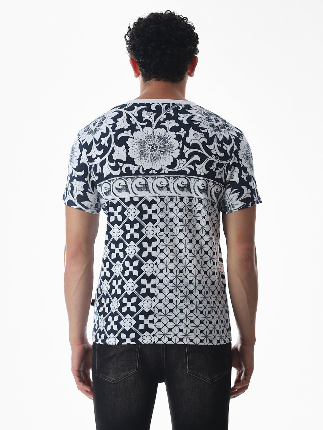 Navy Blue Printed Cotton T-shirt