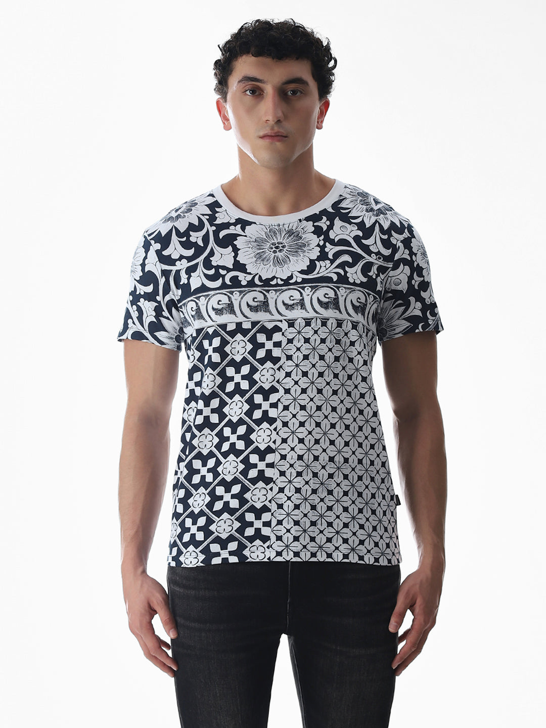 Navy Blue Printed Cotton T-shirt