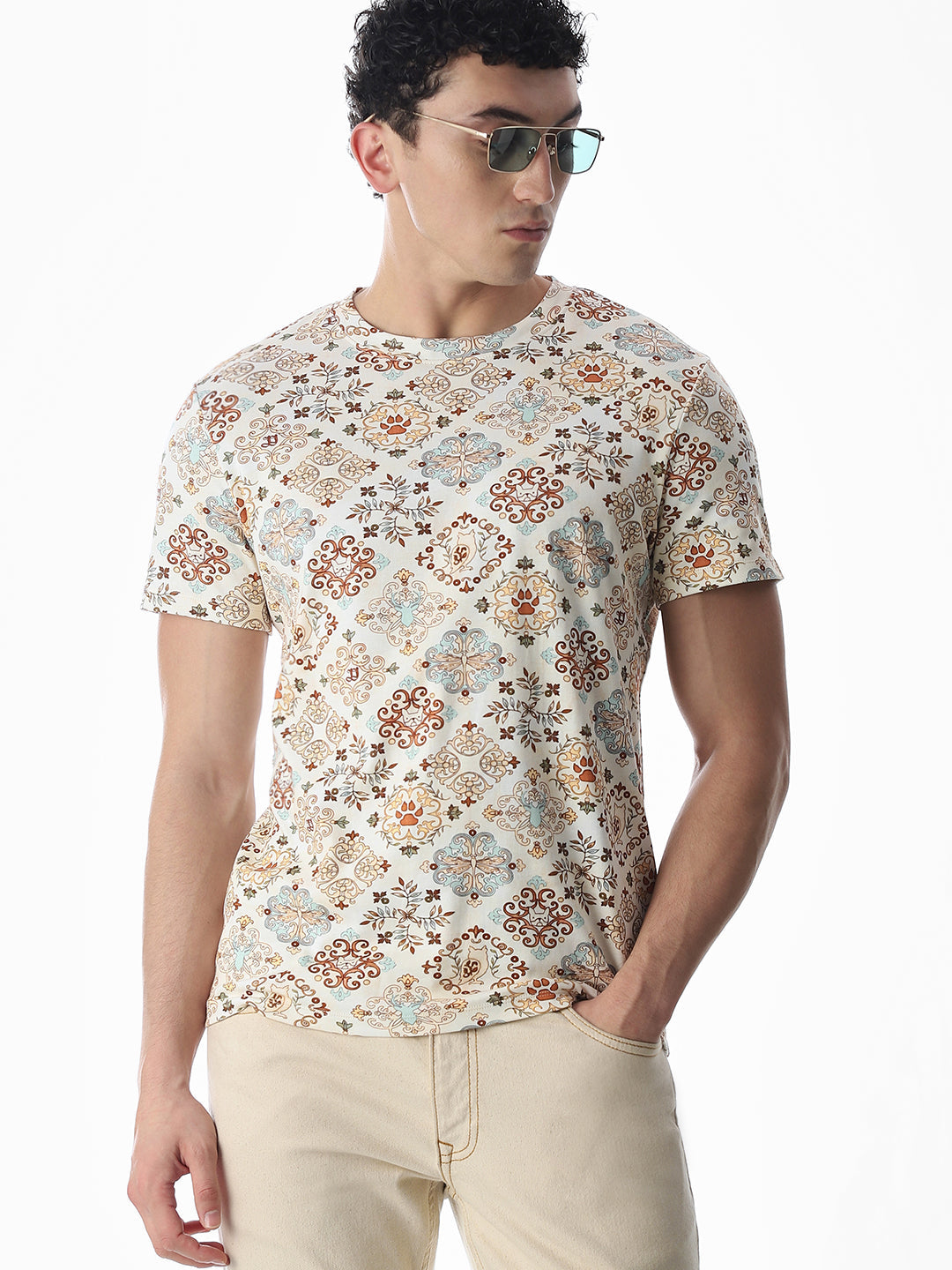 Printed Beige Cotton T-shirt