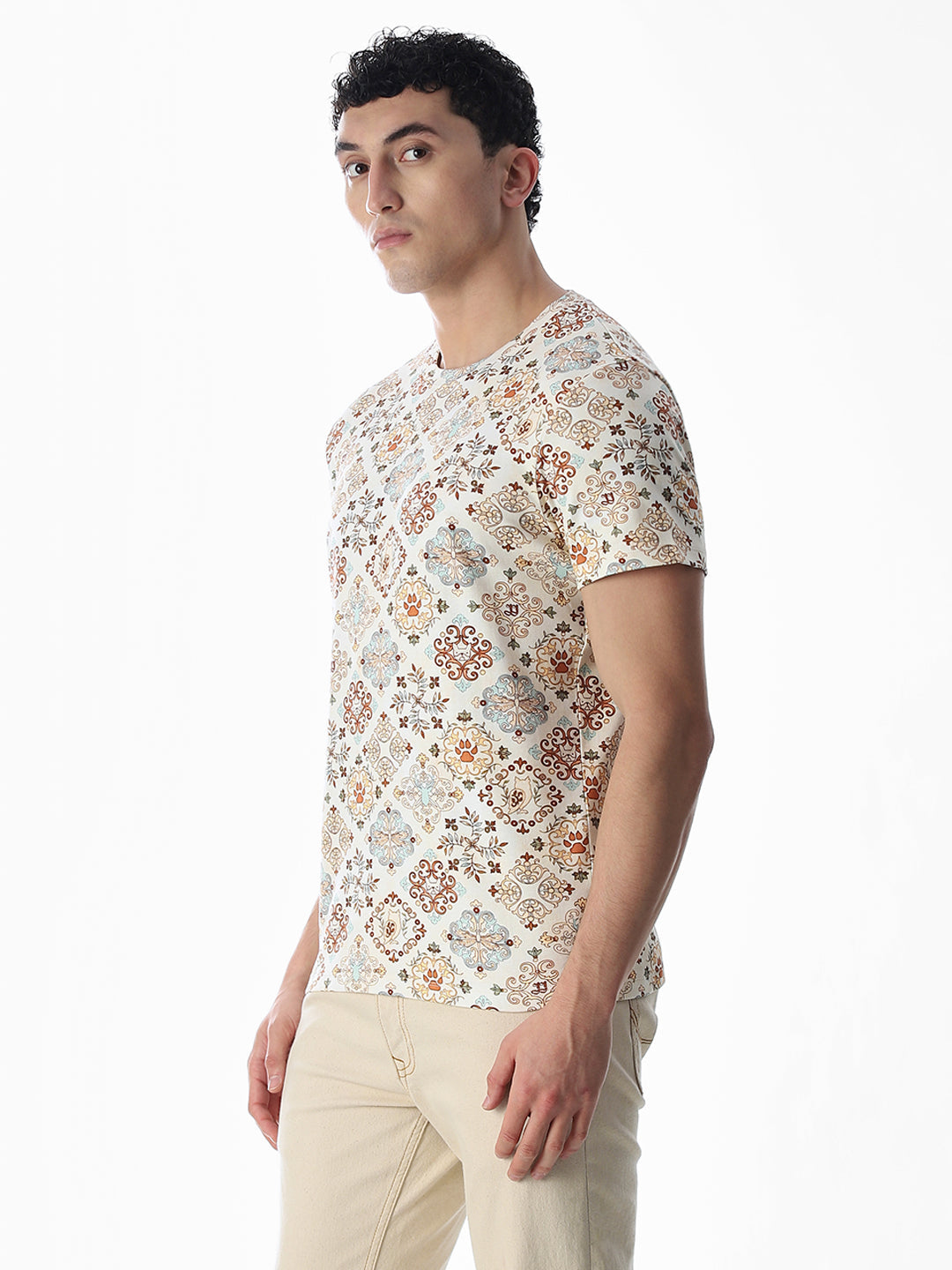 Printed Beige Cotton T-shirt