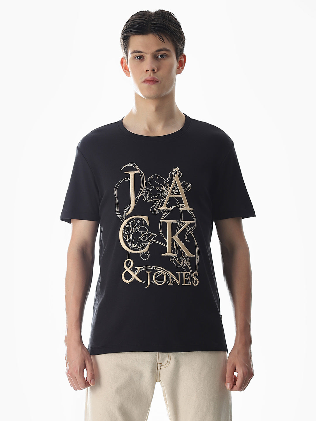 Black Embroidered Print Cotton T-shirt