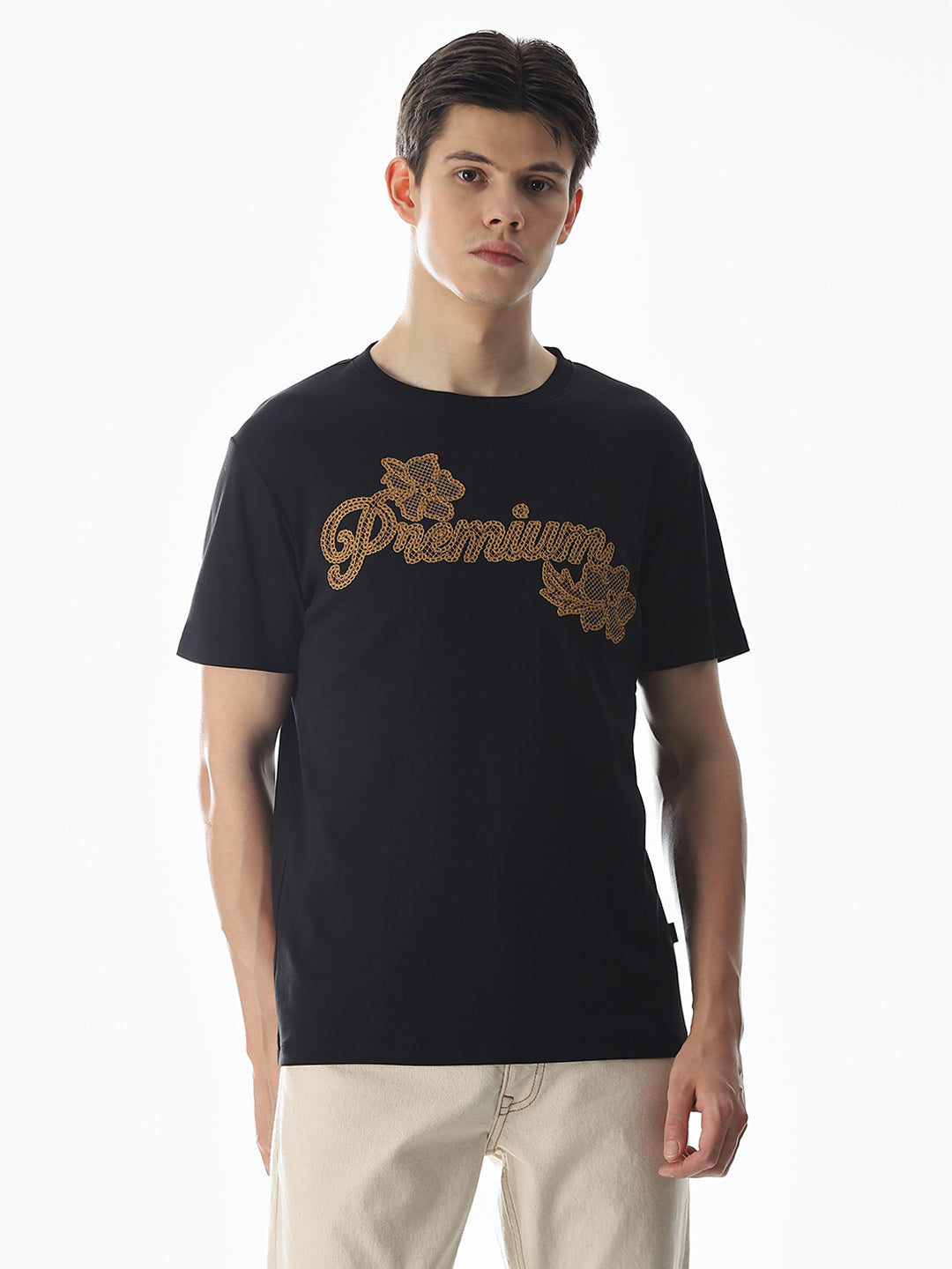 Black Embroidered Cotton T-shirt