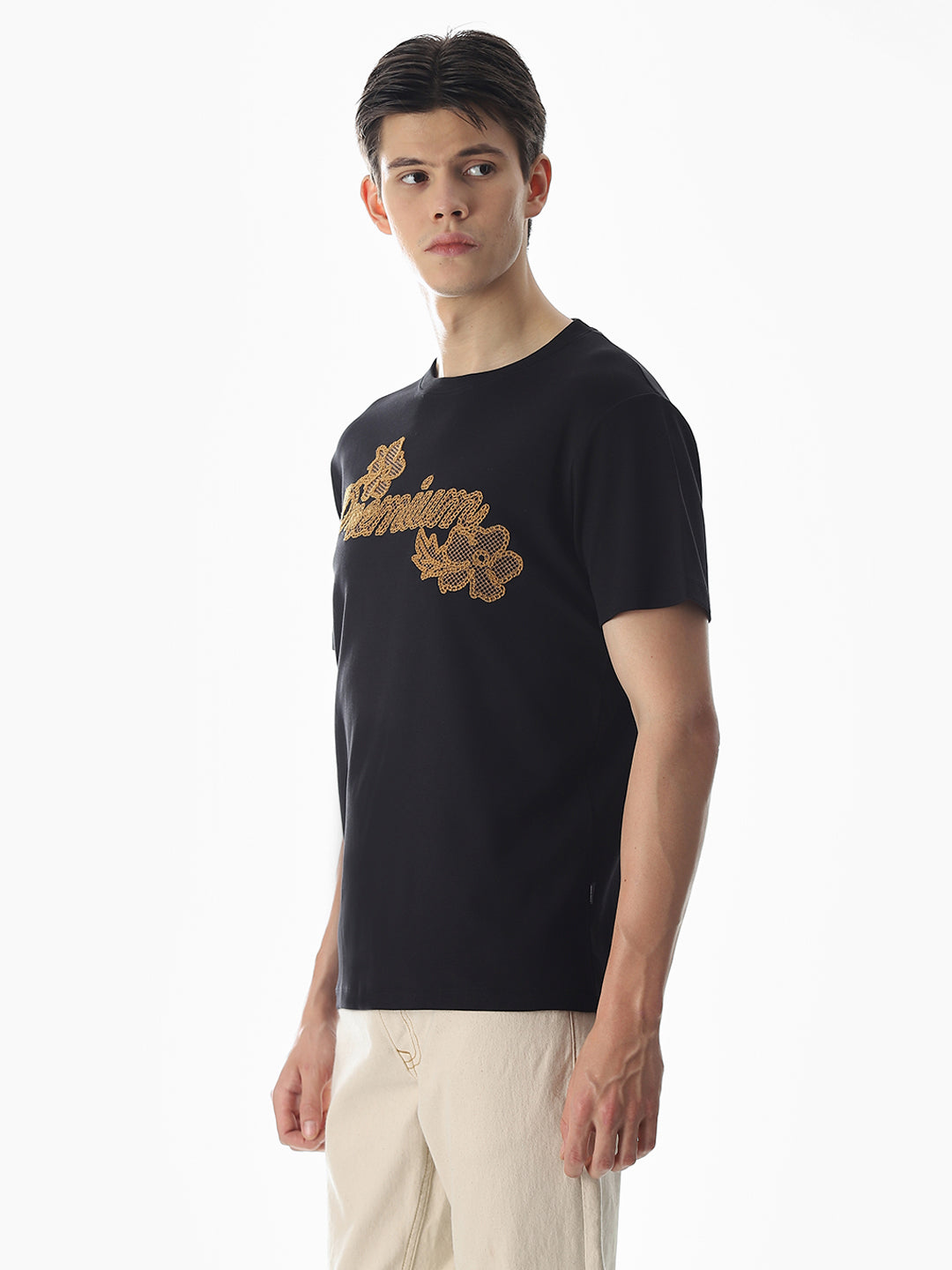 Black Embroidered Cotton T-shirt