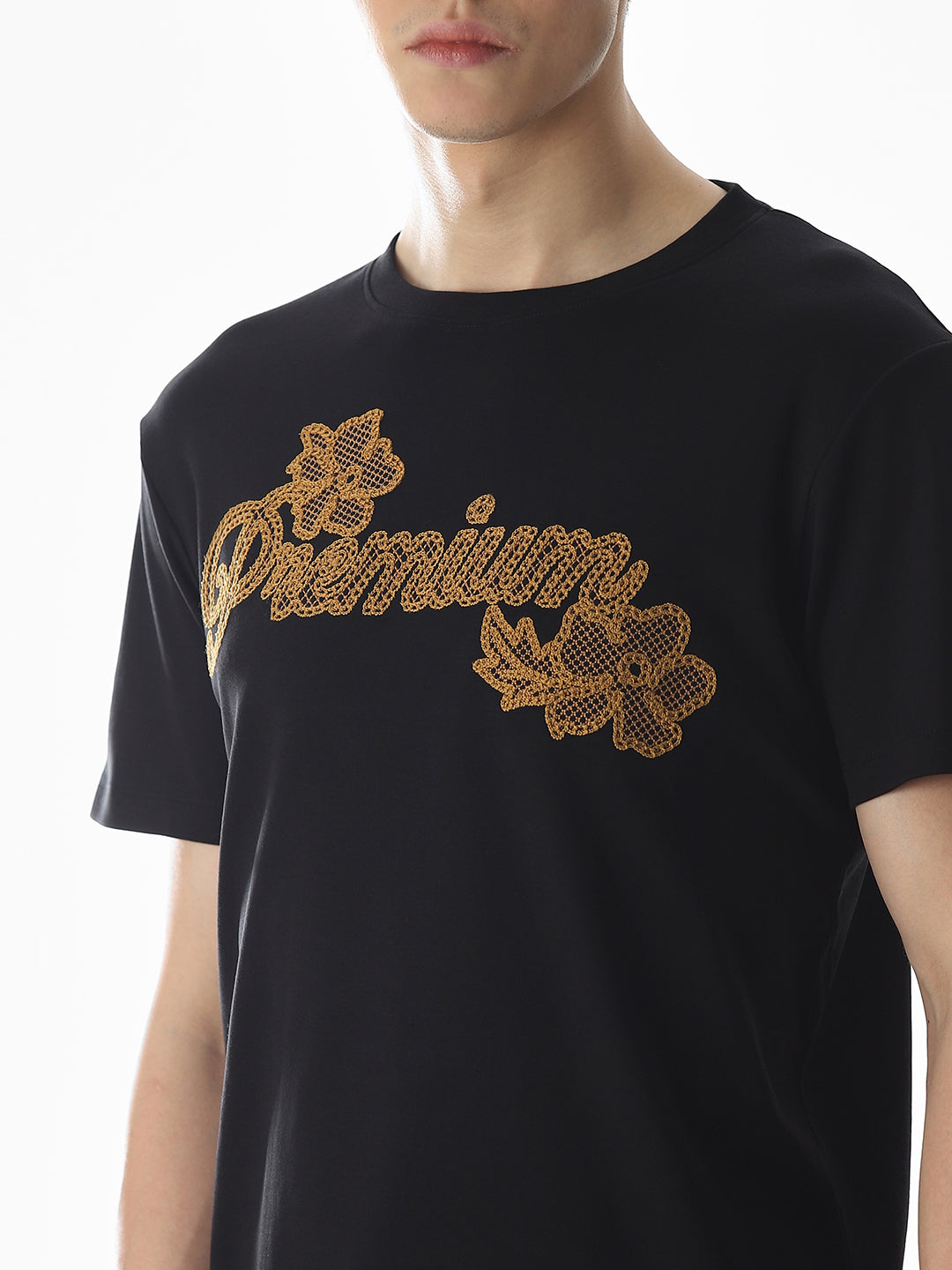 Black Embroidered Cotton T-shirt