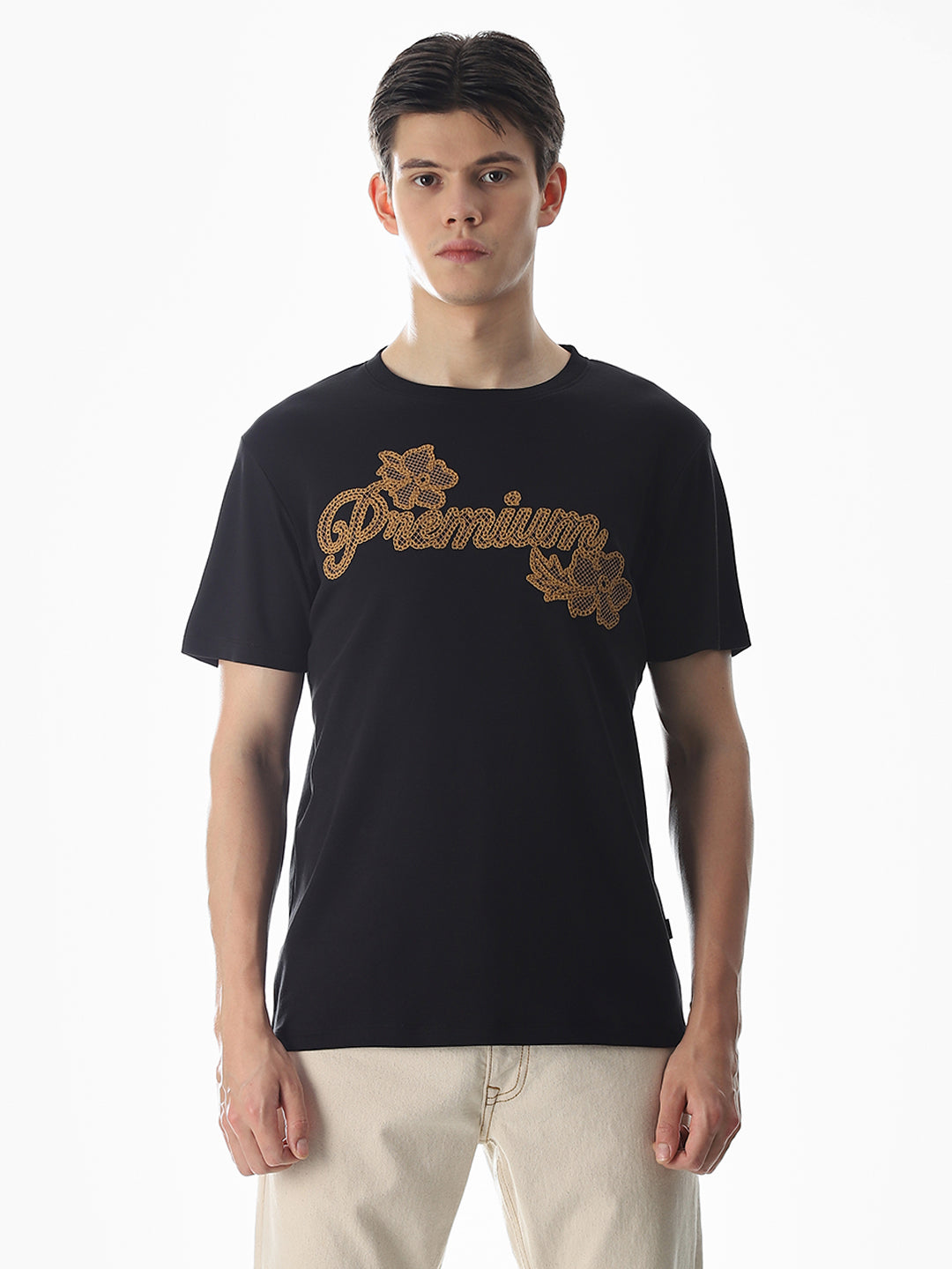 Black Embroidered Cotton T-shirt