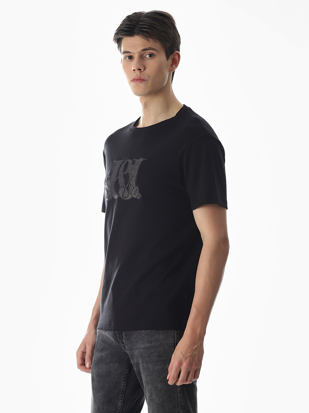 Black Applique Print Cotton T-shirt