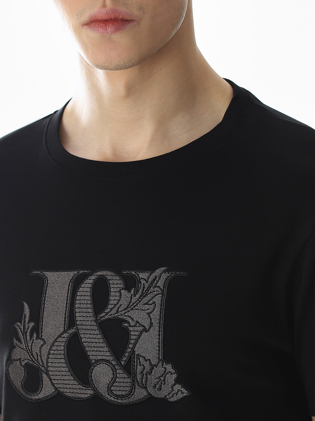 Black Applique Print Cotton T-shirt