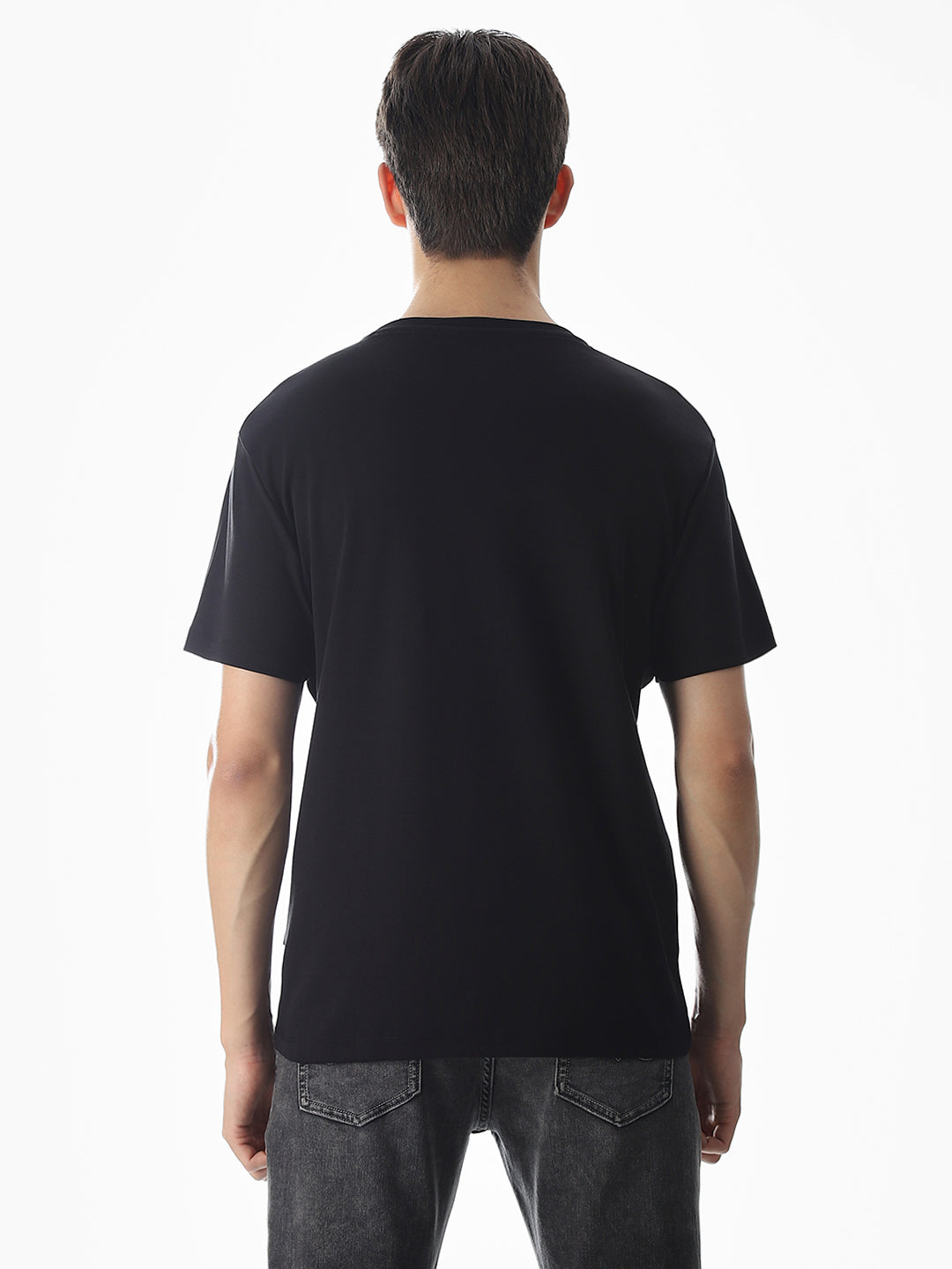 Black Applique Print Cotton T-shirt