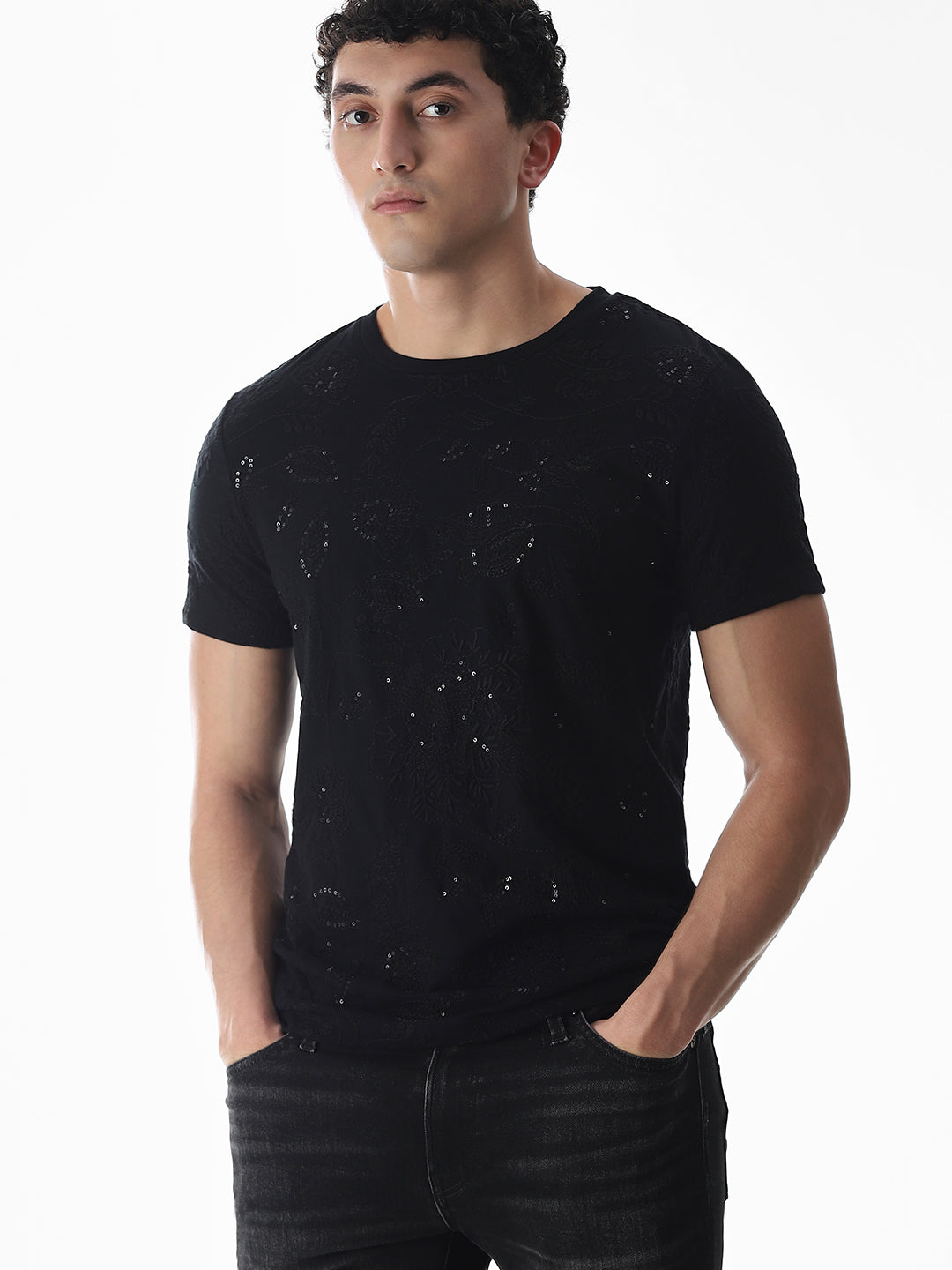 Black Embroidered Cotton T-shirt