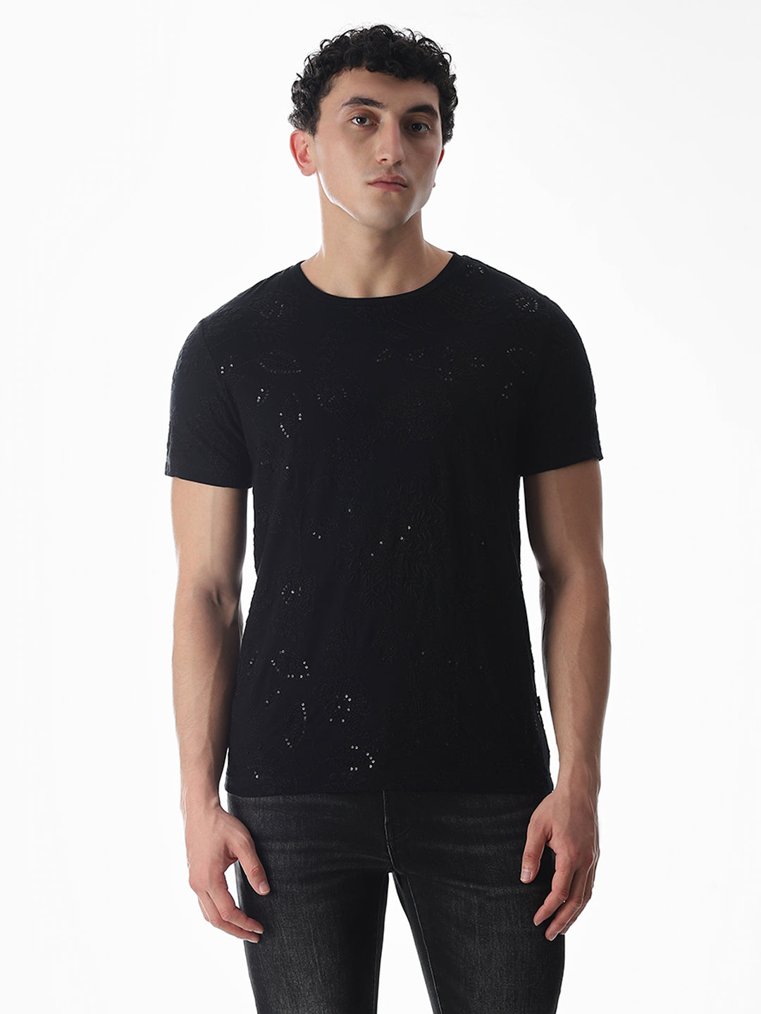 Black Embroidered Cotton T-shirt