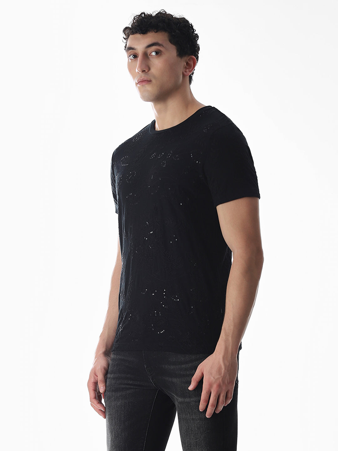 Black Embroidered Cotton T-shirt