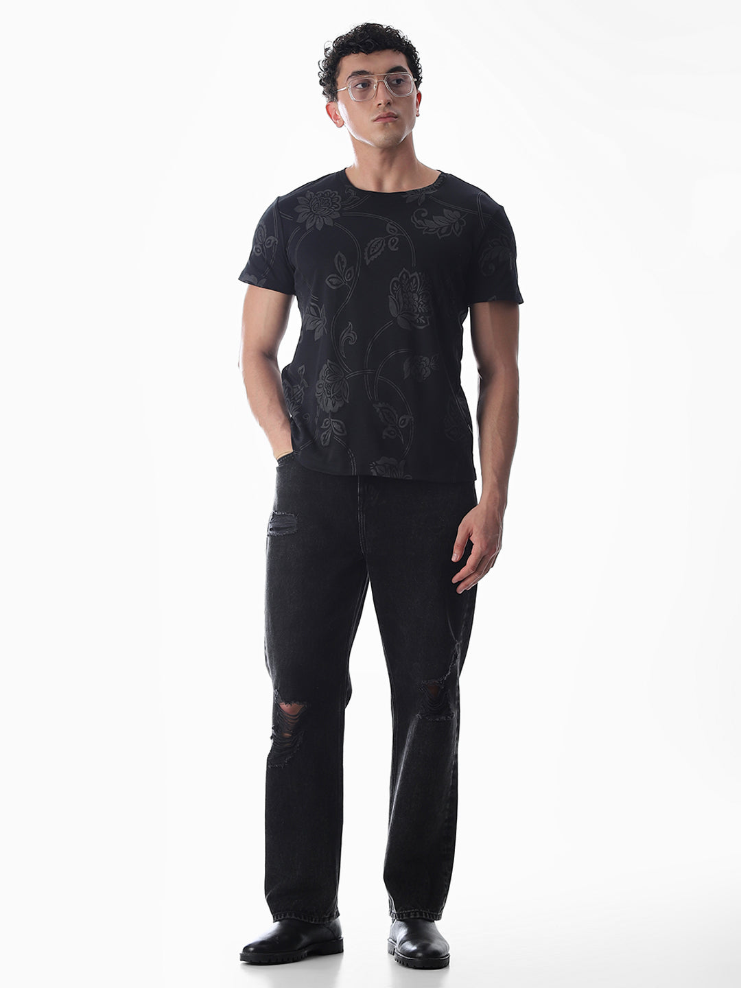 Black Printed Cotton T-shirt