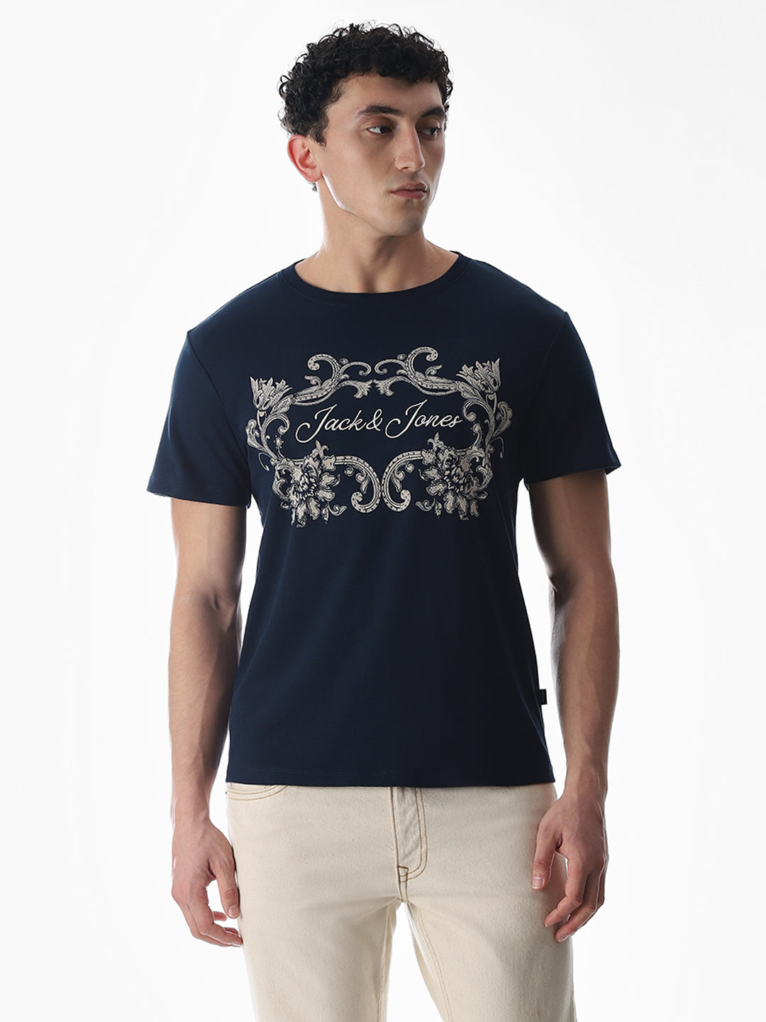 Navy Blue Printed Cotton T-shirt