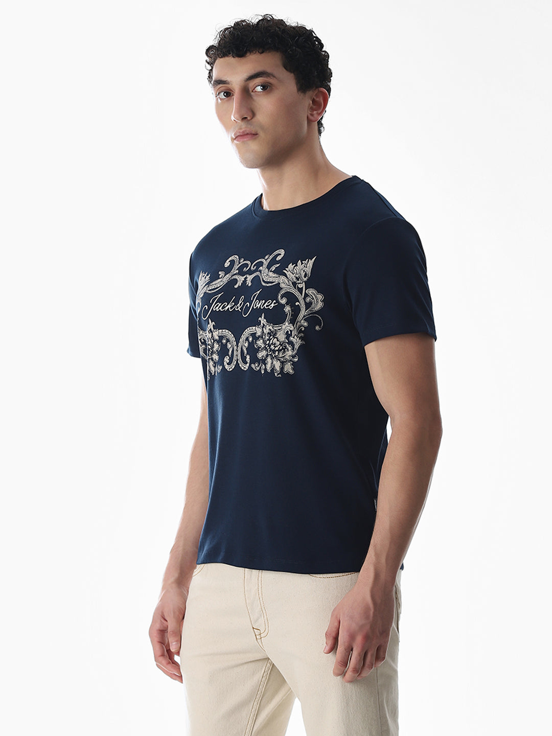 Navy Blue Printed Cotton T-shirt