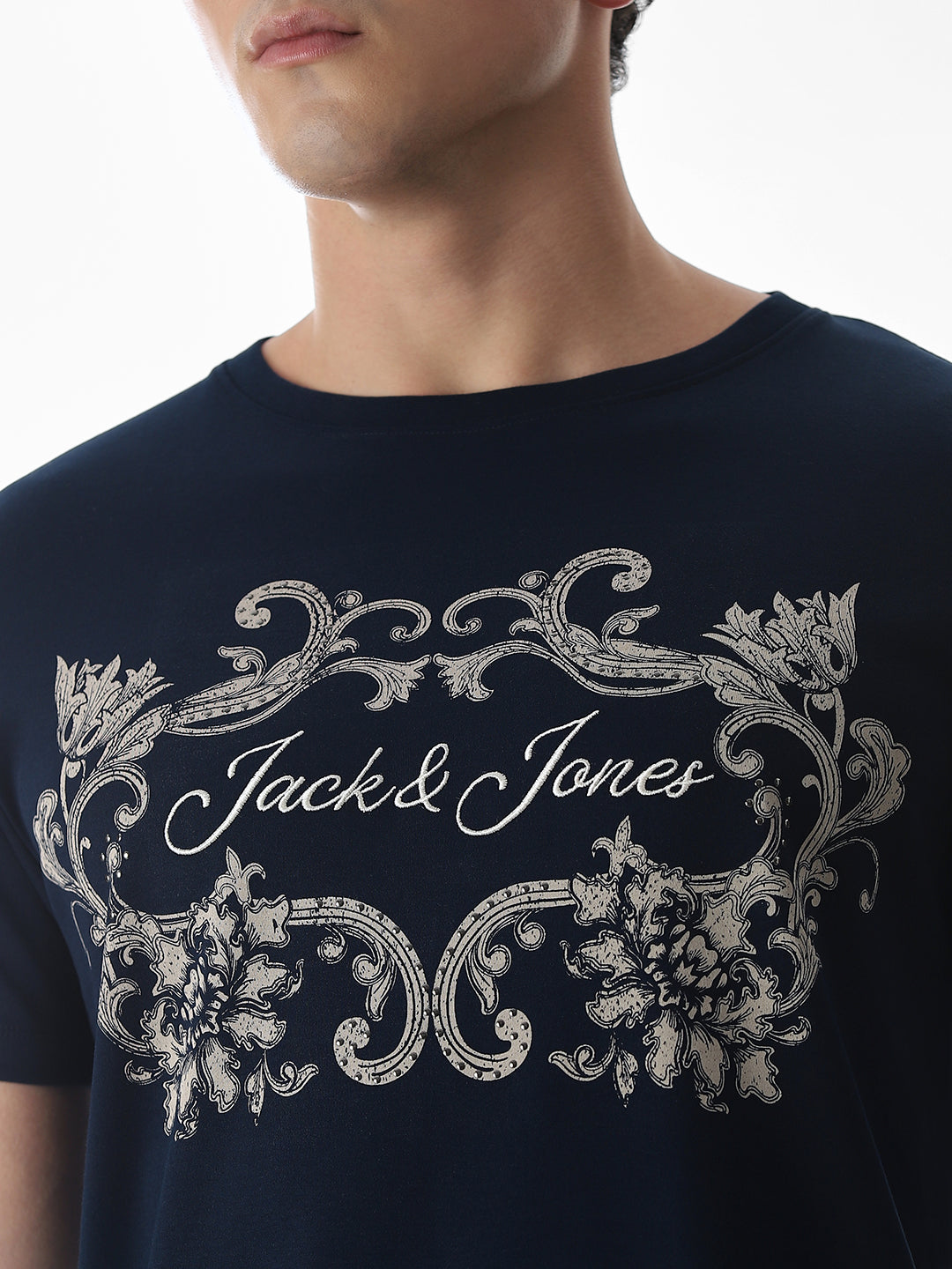 Navy Blue Printed Cotton T-shirt