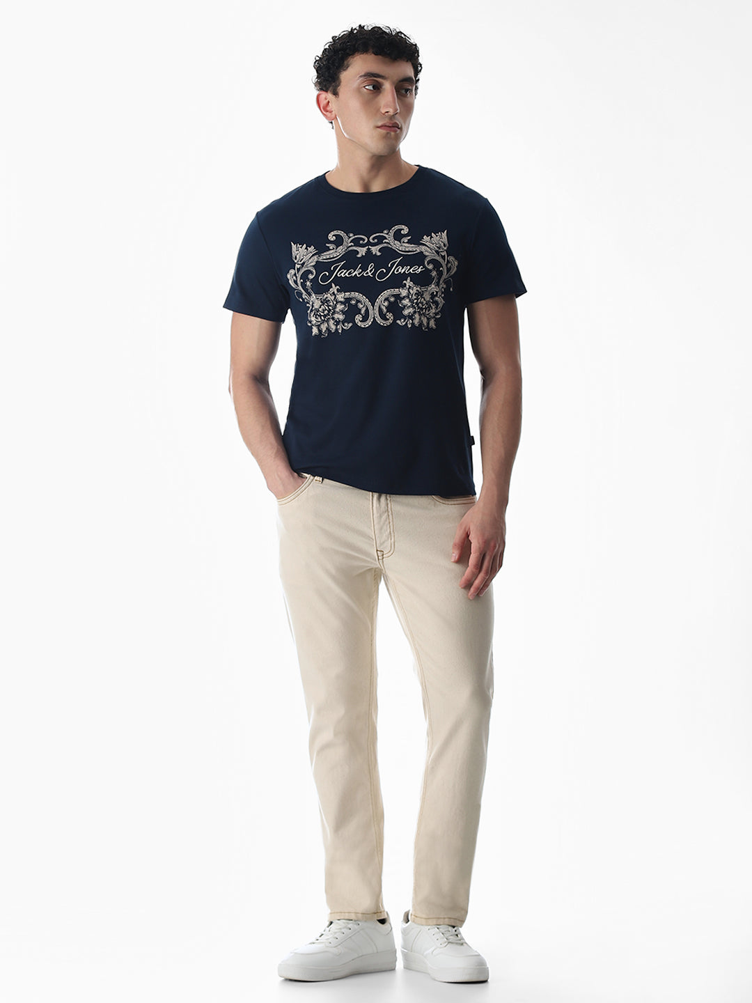 Navy Blue Printed Cotton T-shirt