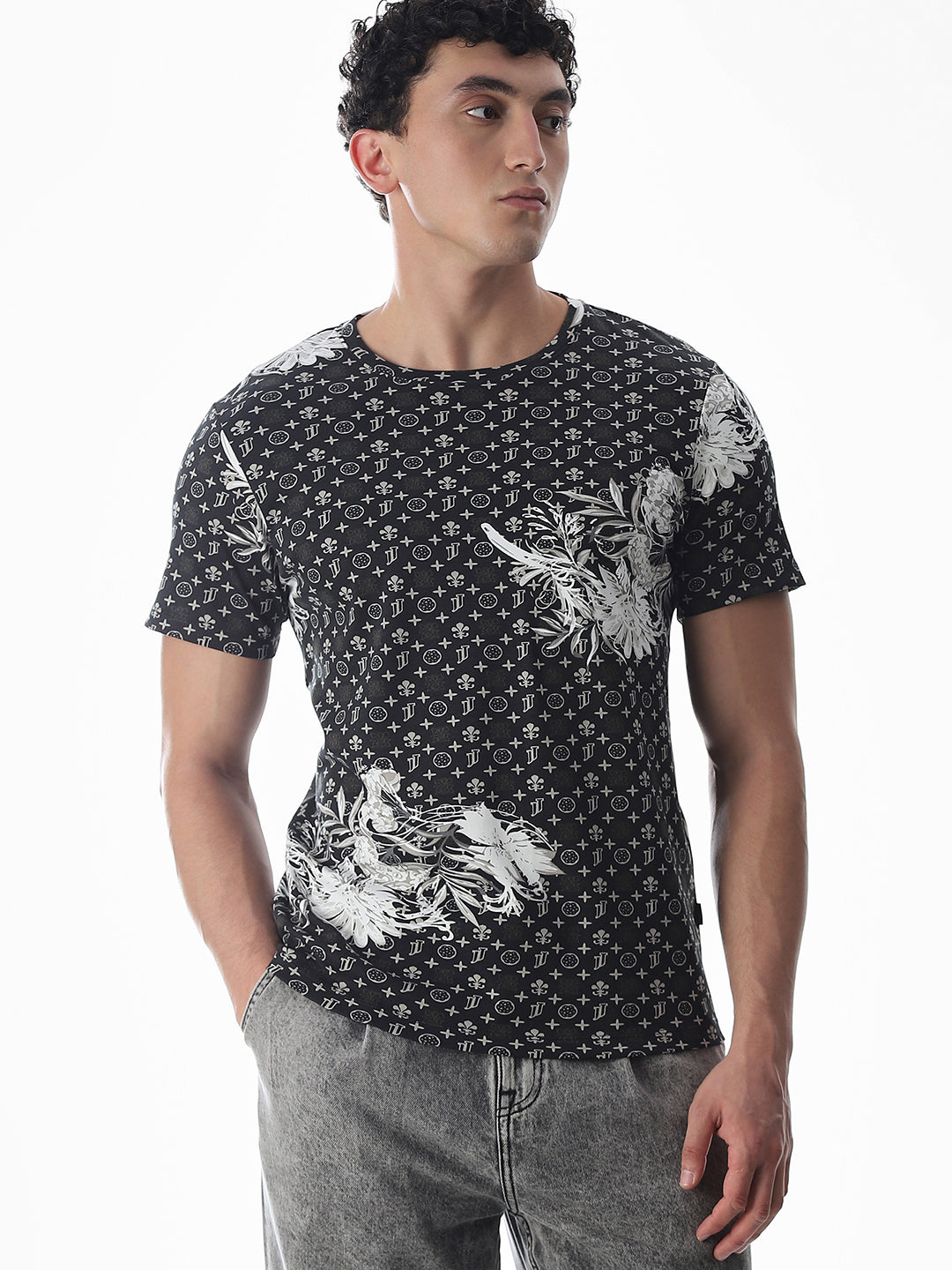 Black Abstract Print Cotton T-shirt