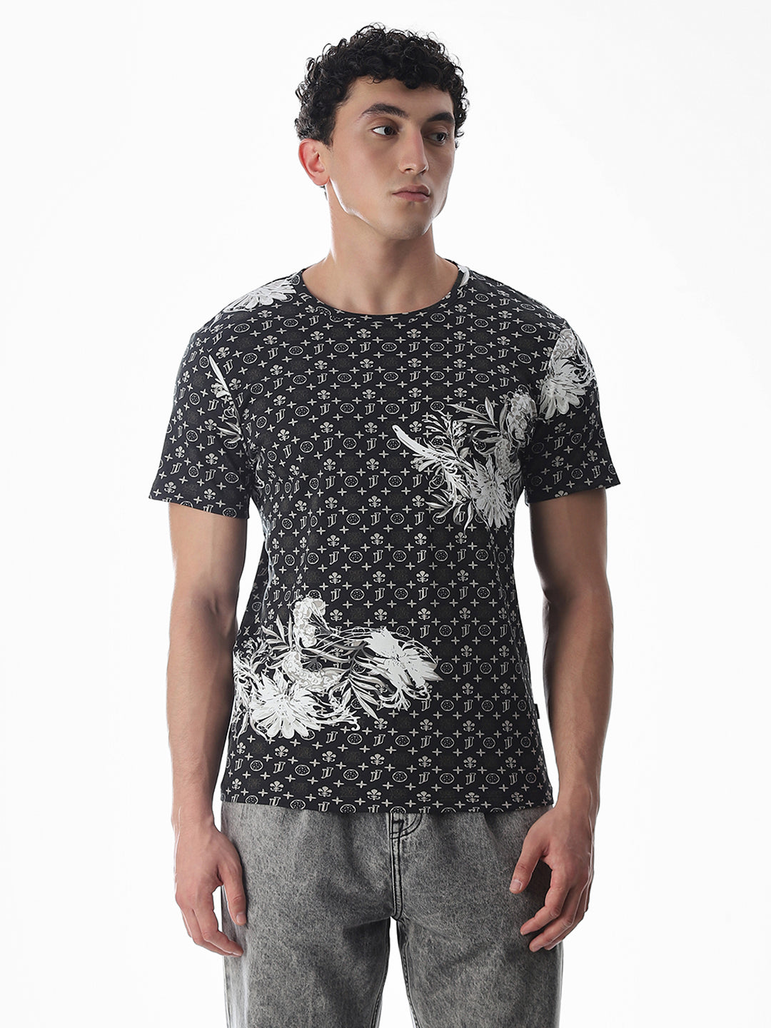 Black Abstract Print Cotton T-shirt