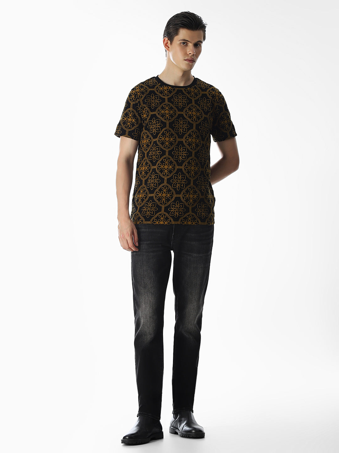 Black Embroidered Cotton T-shirt