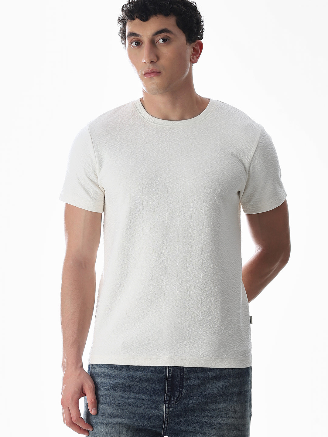 White Jacquard Crew Neck T-shirt