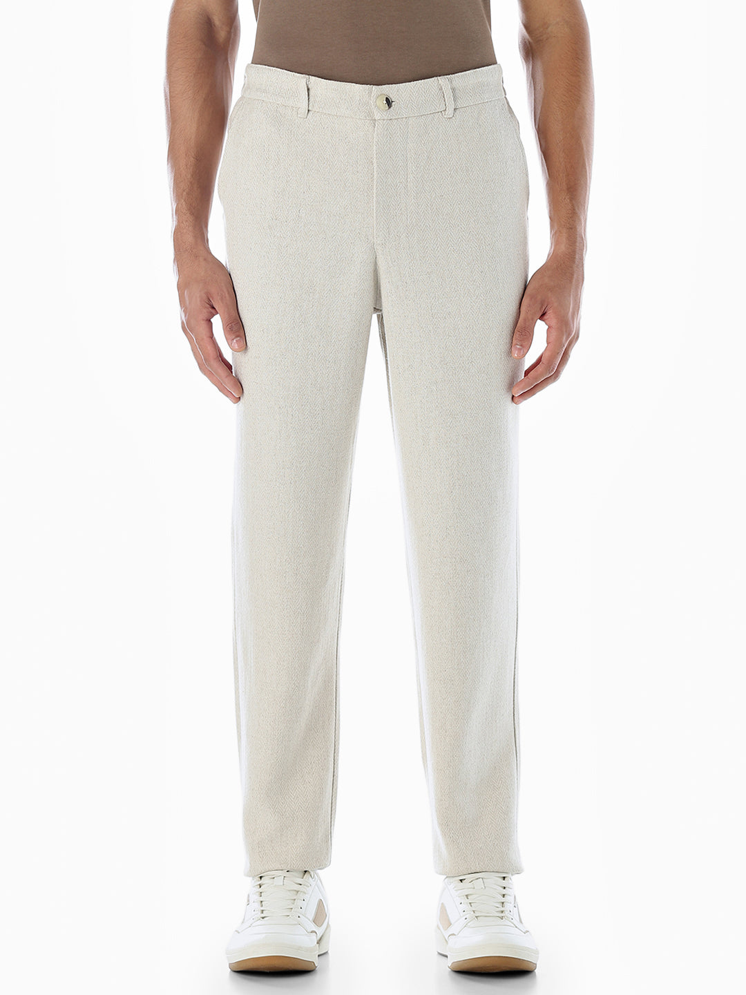 Beige Linen Blend Casual Pants