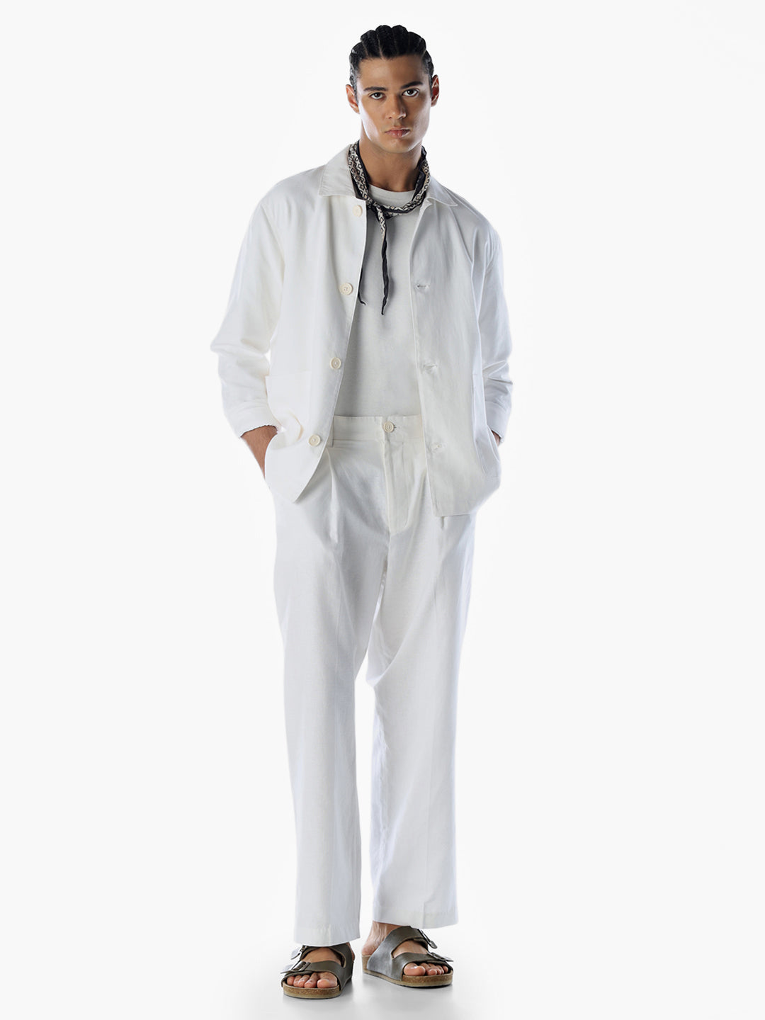 White Cotton-Flax Loose Fit Pants