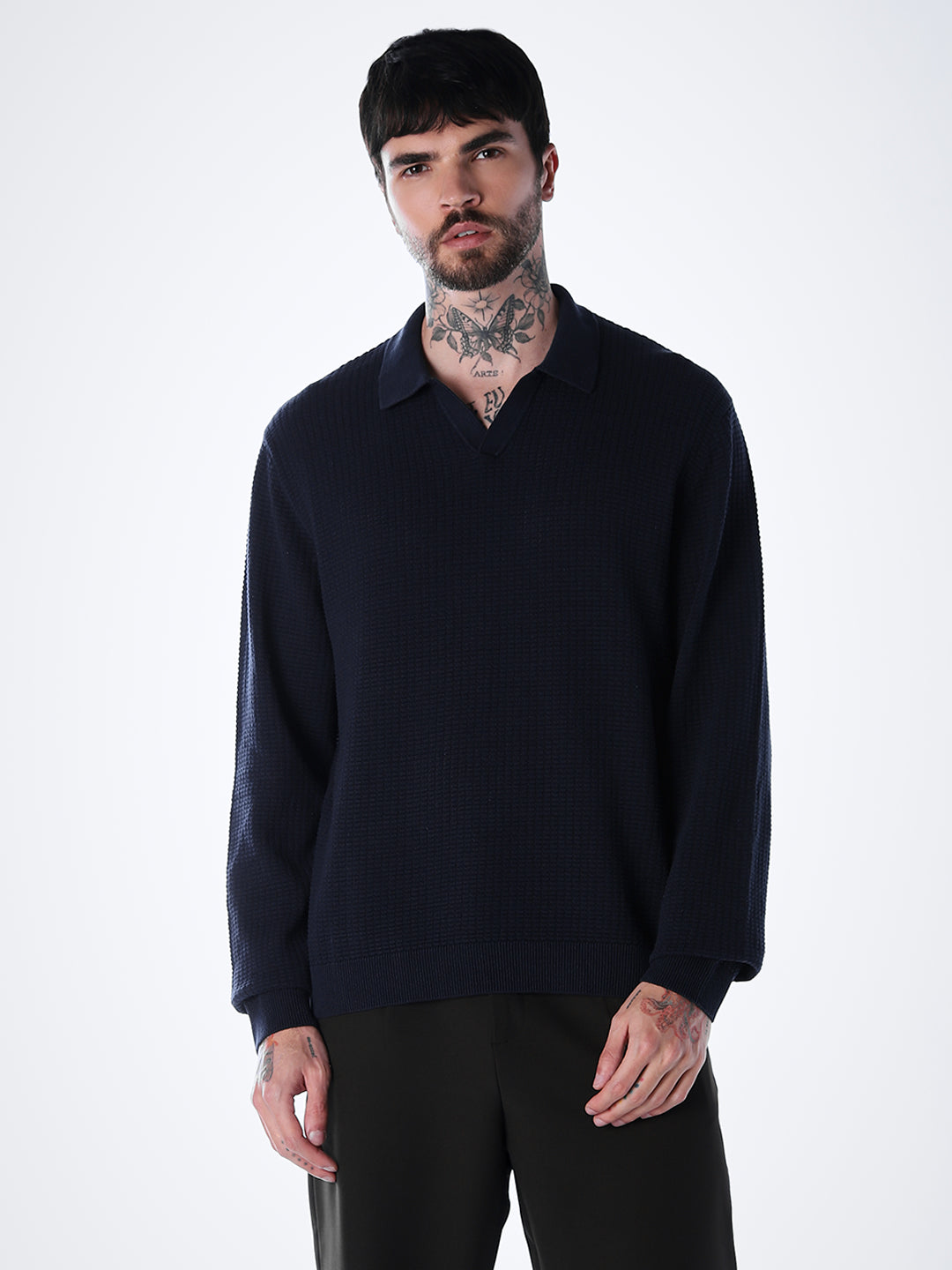 Structured Knitted Regular Fit Polo - Blue