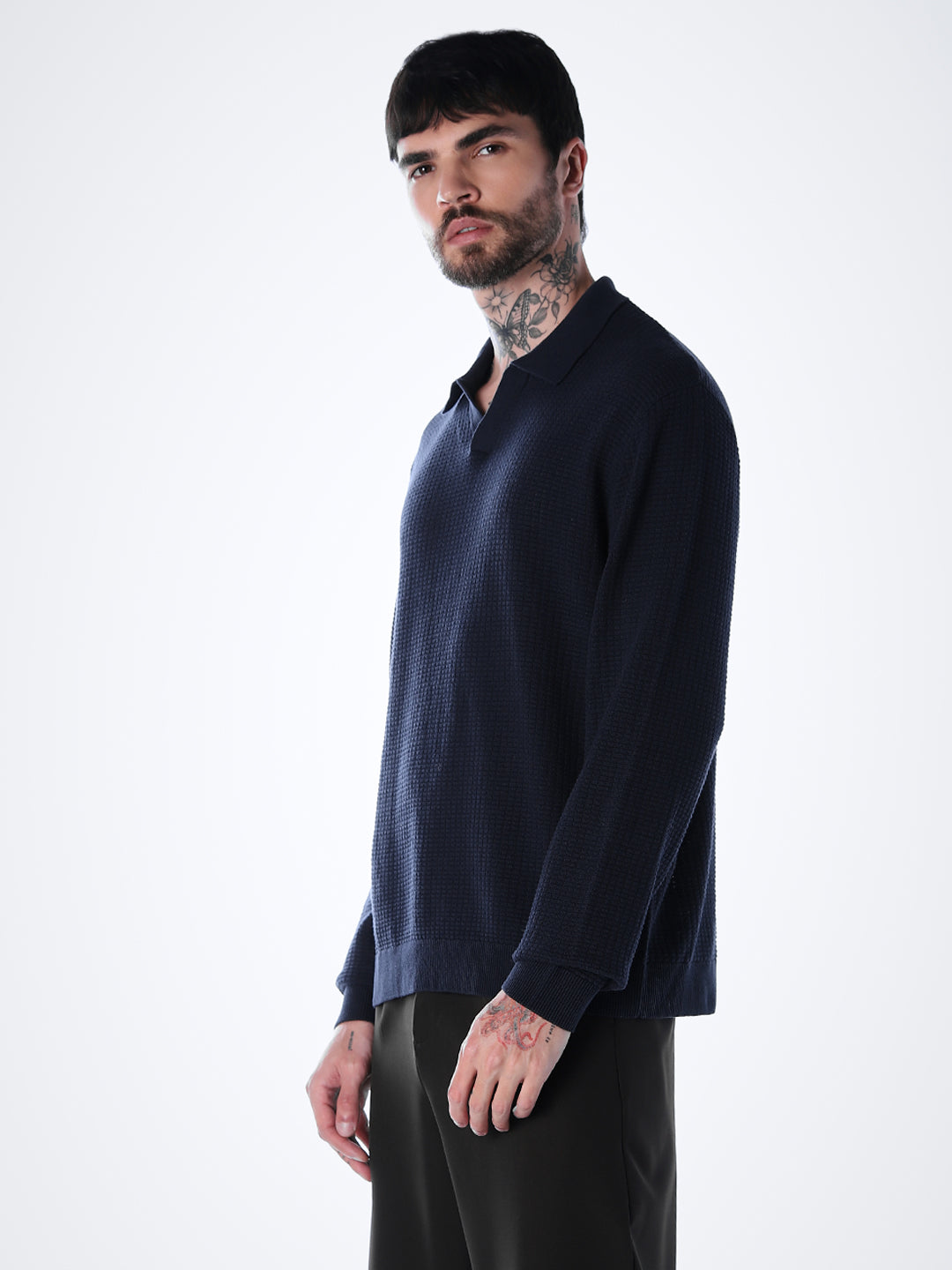 Structured Knitted Regular Fit Polo - Blue