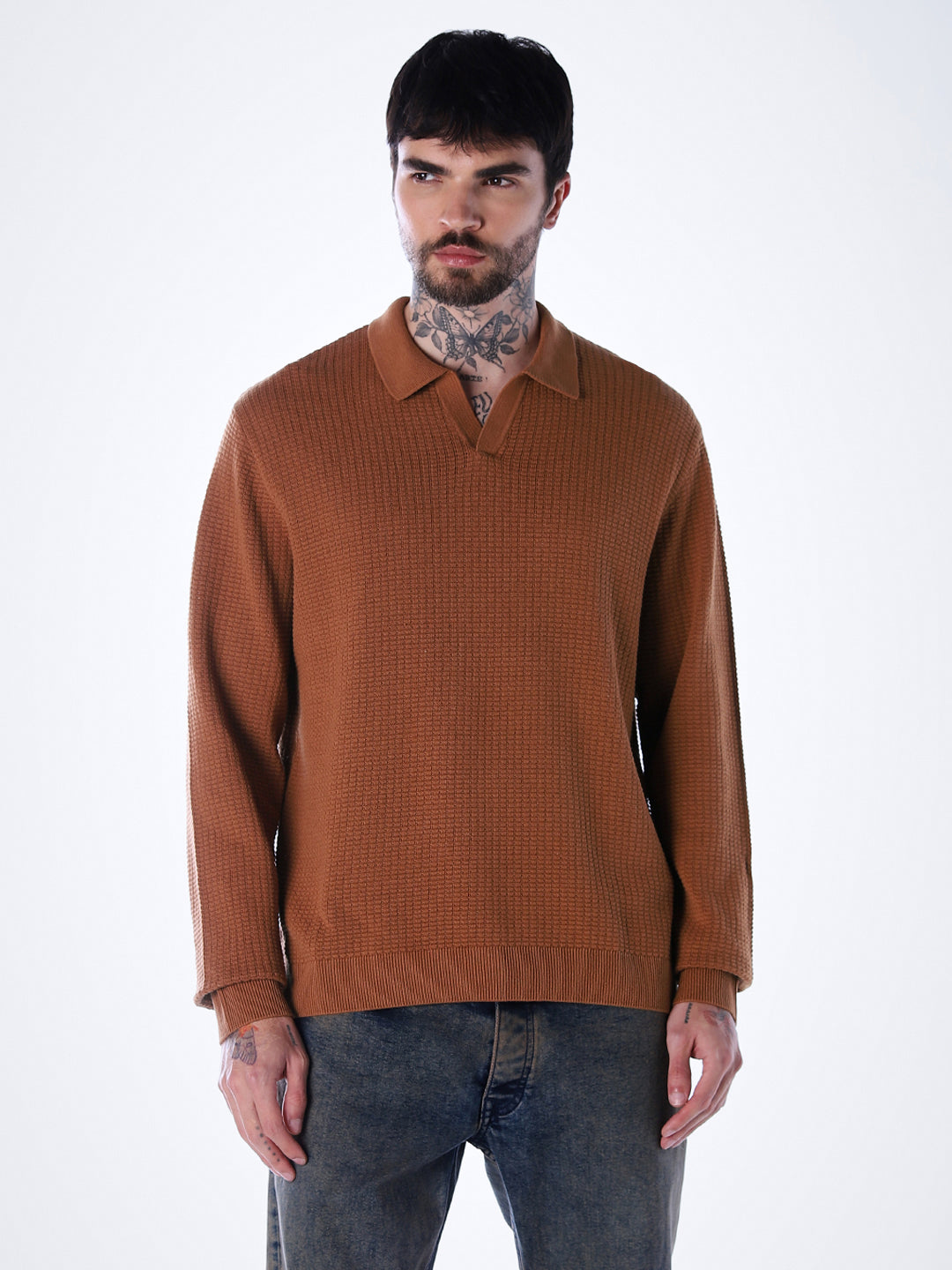 Structured Knitted Regular Fit Polo - Brown
