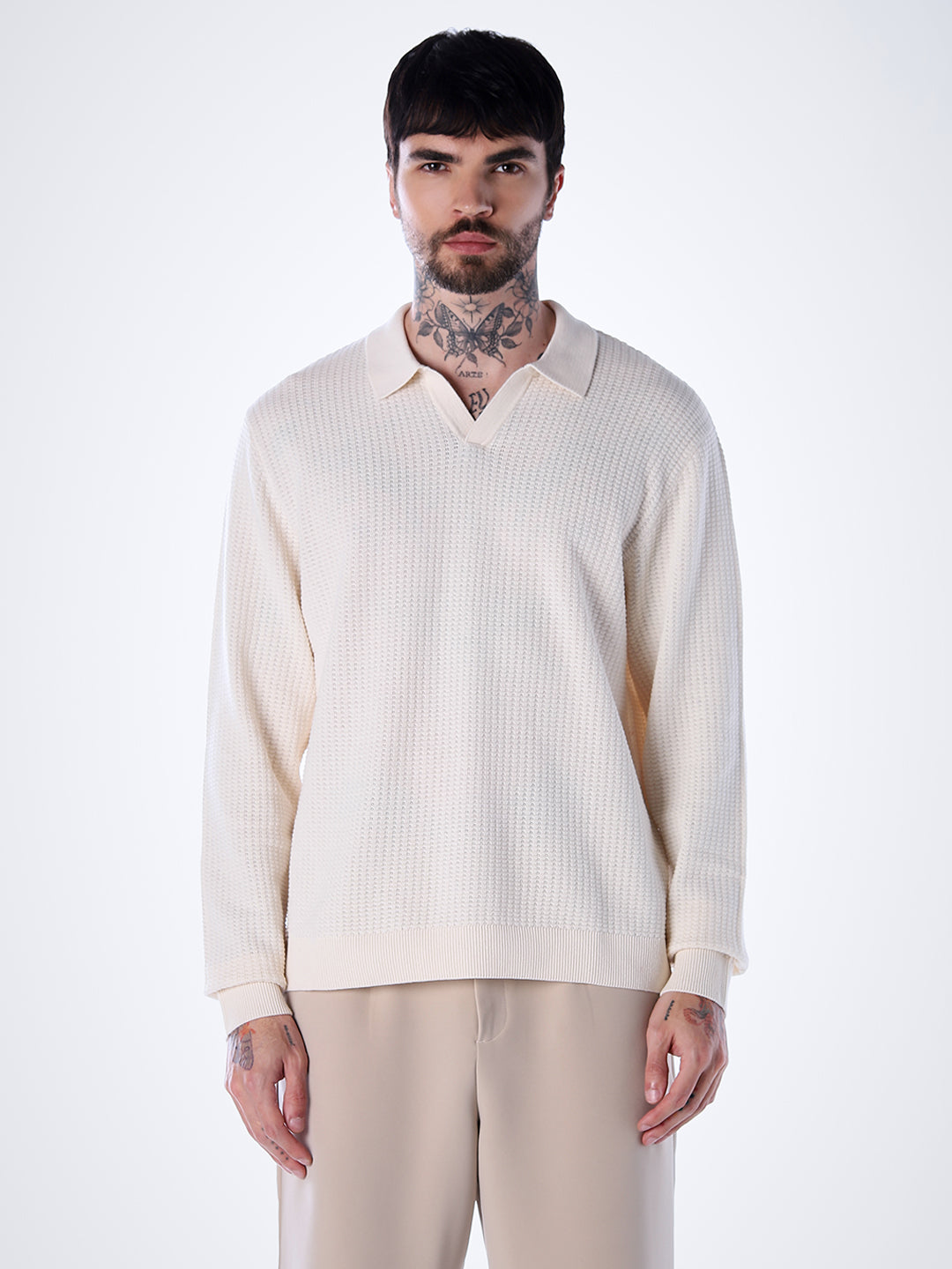 Structured Knitted Regular Fit Polo - White