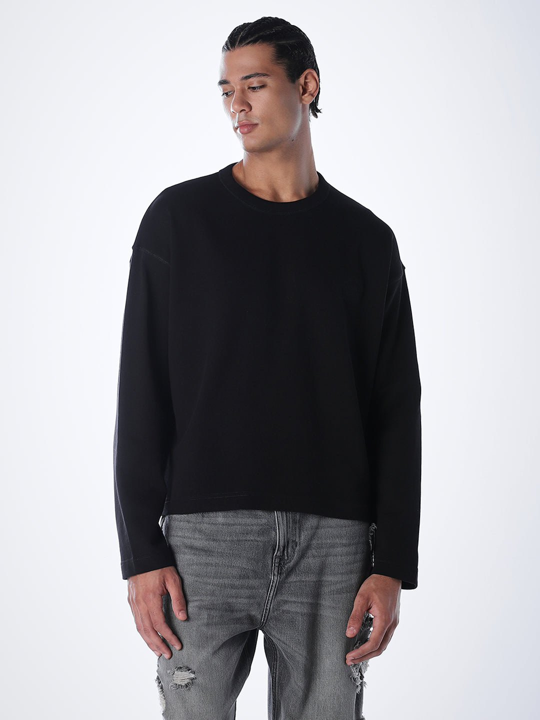 Crew Neck Cotton Sweatshirt - Black