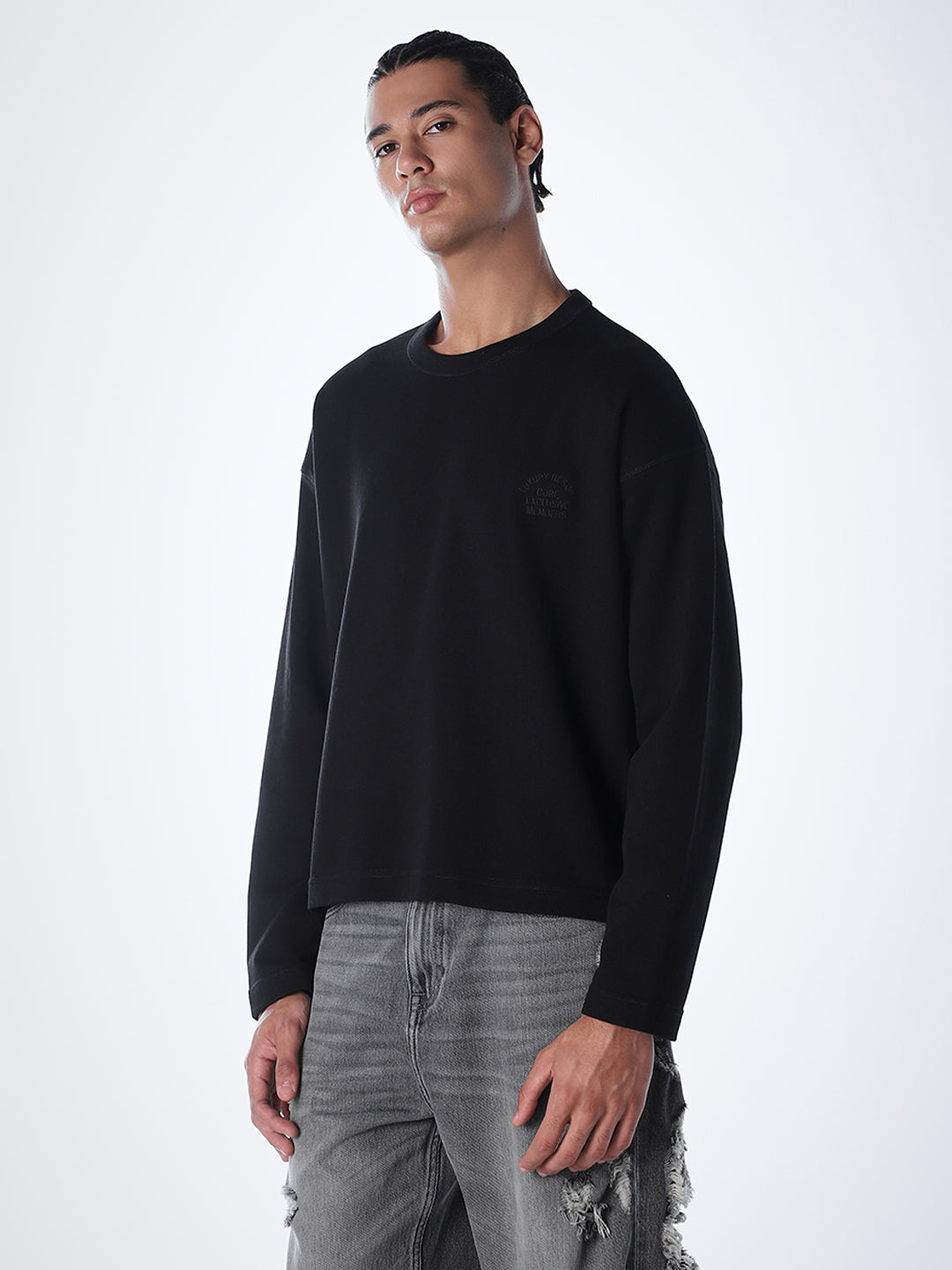 Crew Neck Cotton Sweatshirt - Black