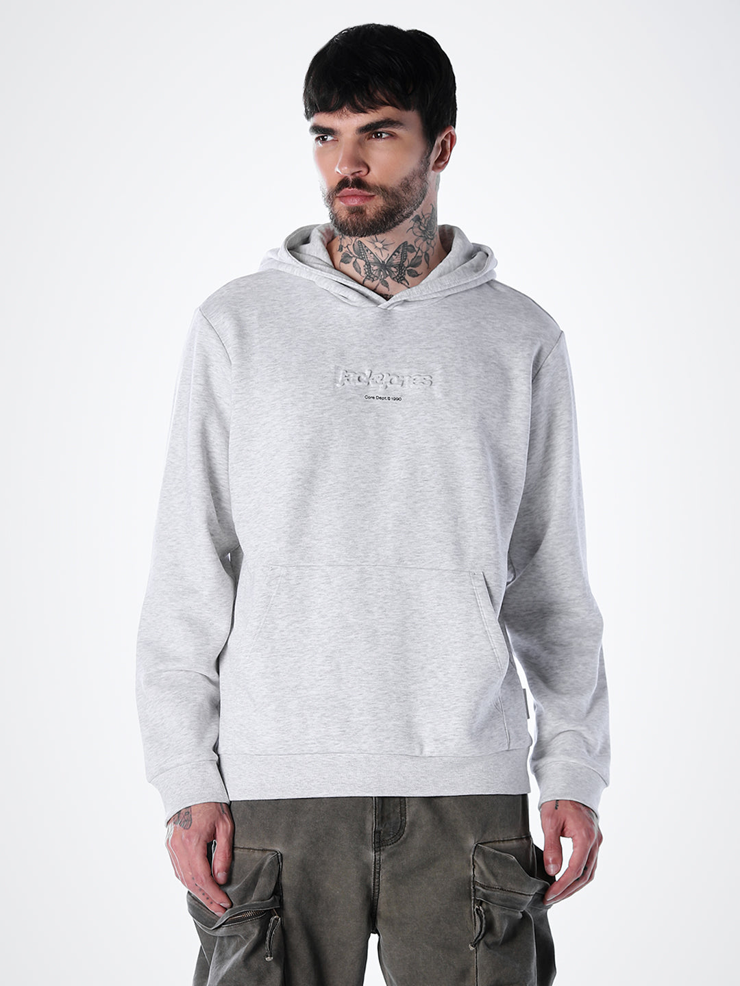 Embossed Text Hoodie - White Mélange