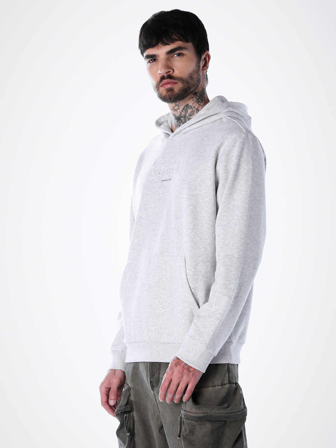 Embossed Text Hoodie - White Mélange