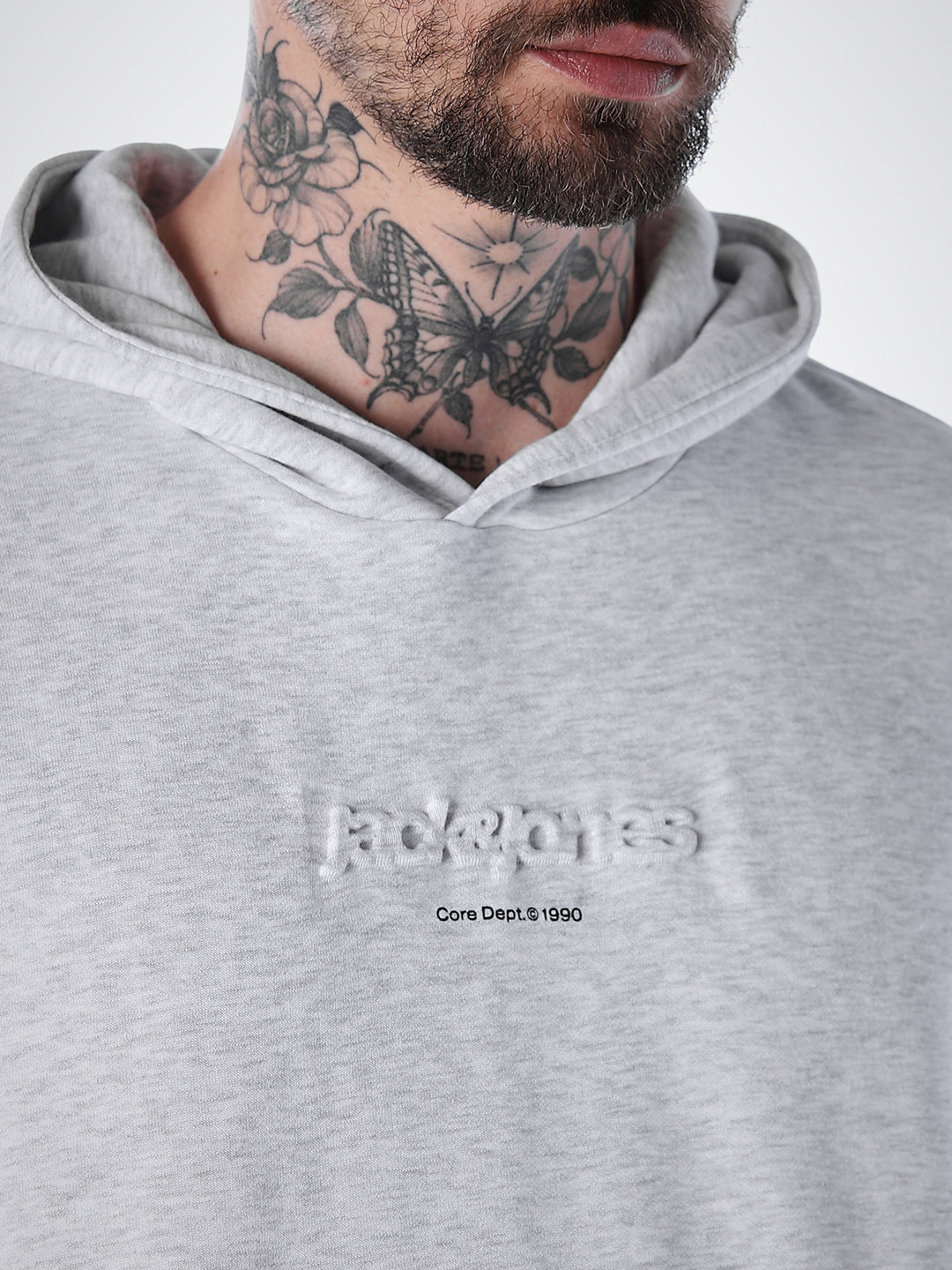 Embossed Text Hoodie - White Mélange