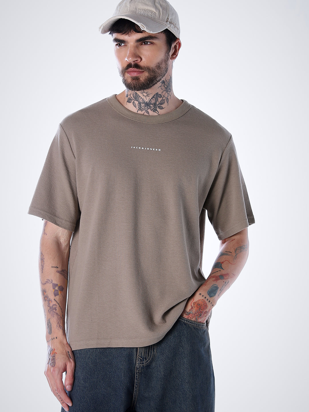 Structured Crew Neck Oversized T-shirt - Brown