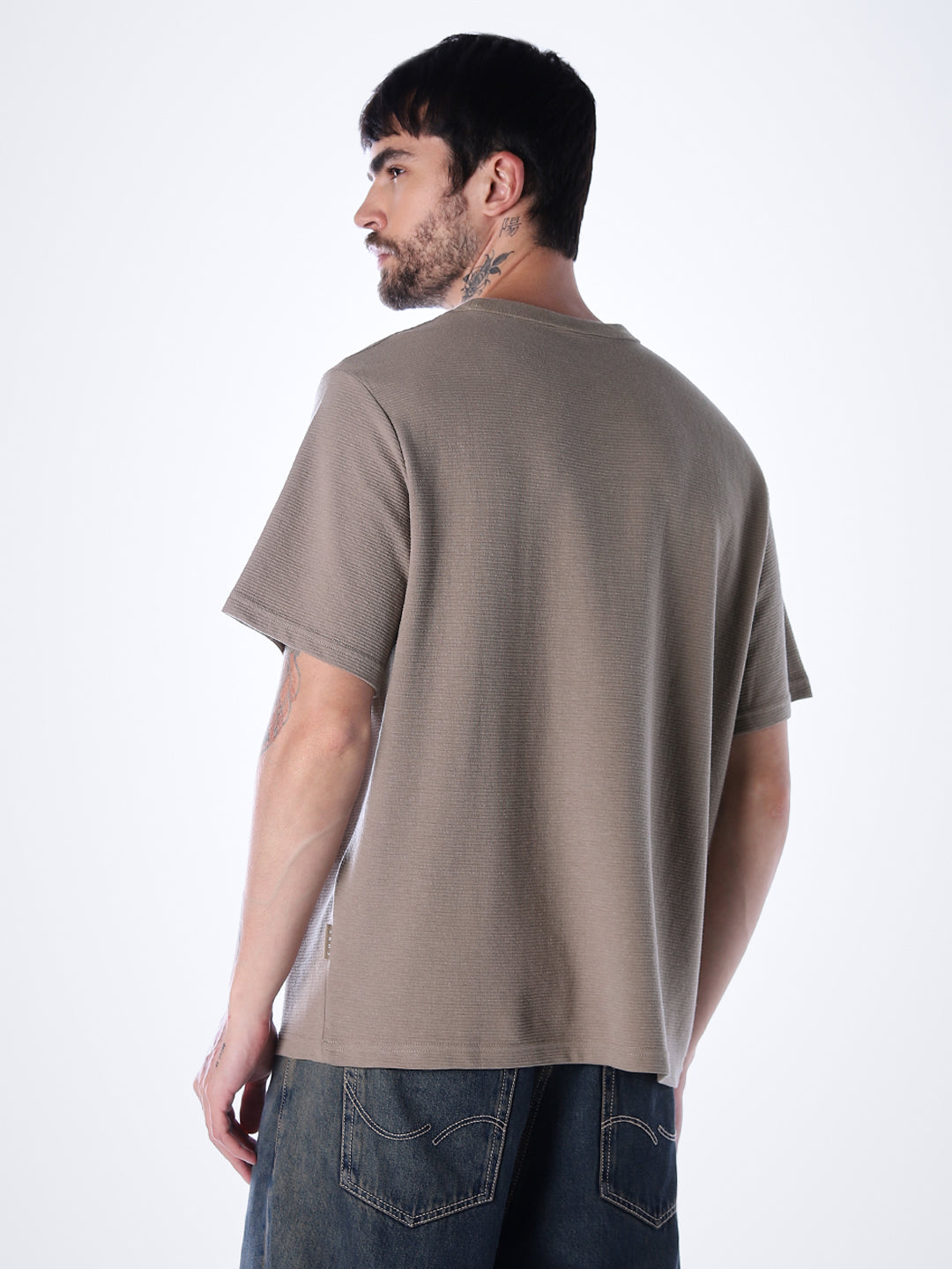 Structured Crew Neck Oversized T-shirt - Brown