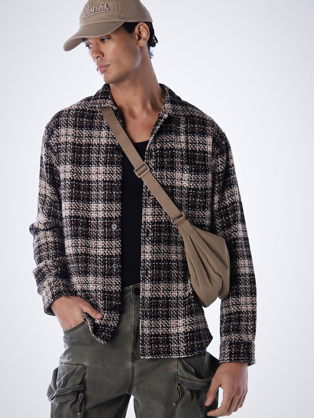 Thread Check Print Overshirt - Black