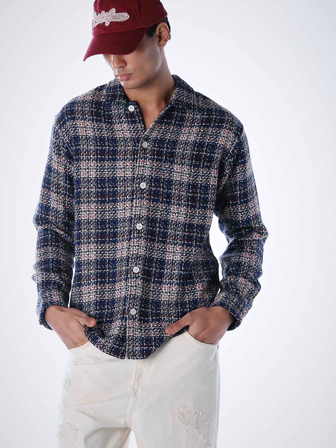 Thread Check Print Overshirt - Blue