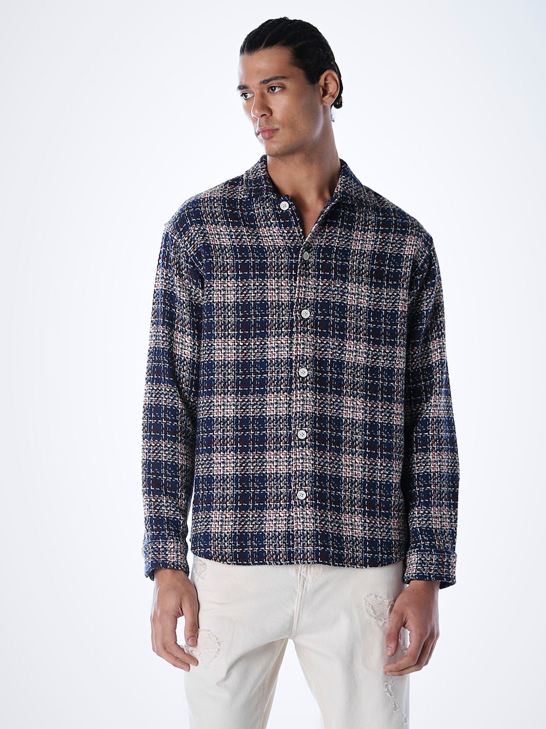 Thread Check Print Overshirt - Blue