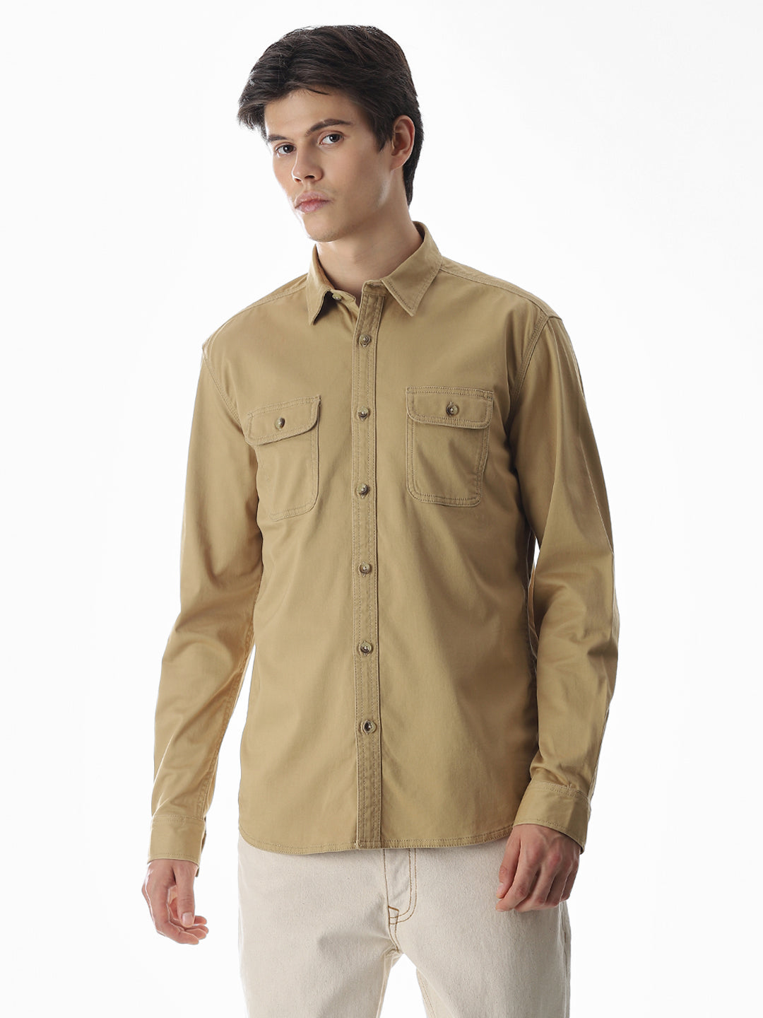 Brown Cotton Regular Fit Shirt