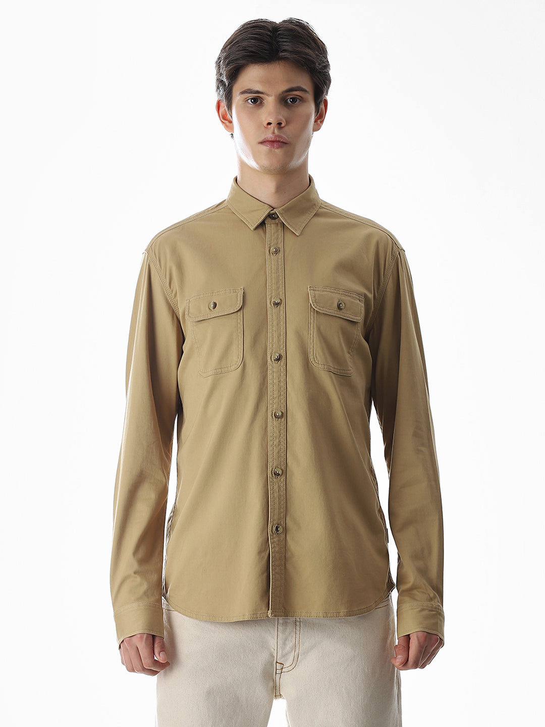 Brown Cotton Regular Fit Shirt