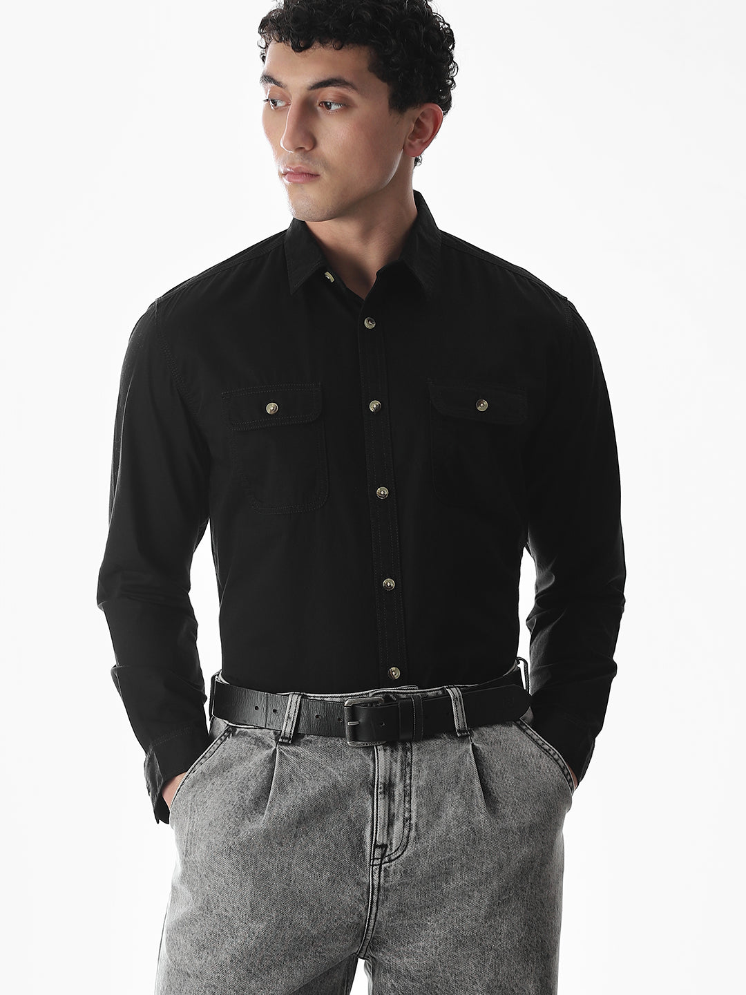 Black Cotton Regular Fit Shirt